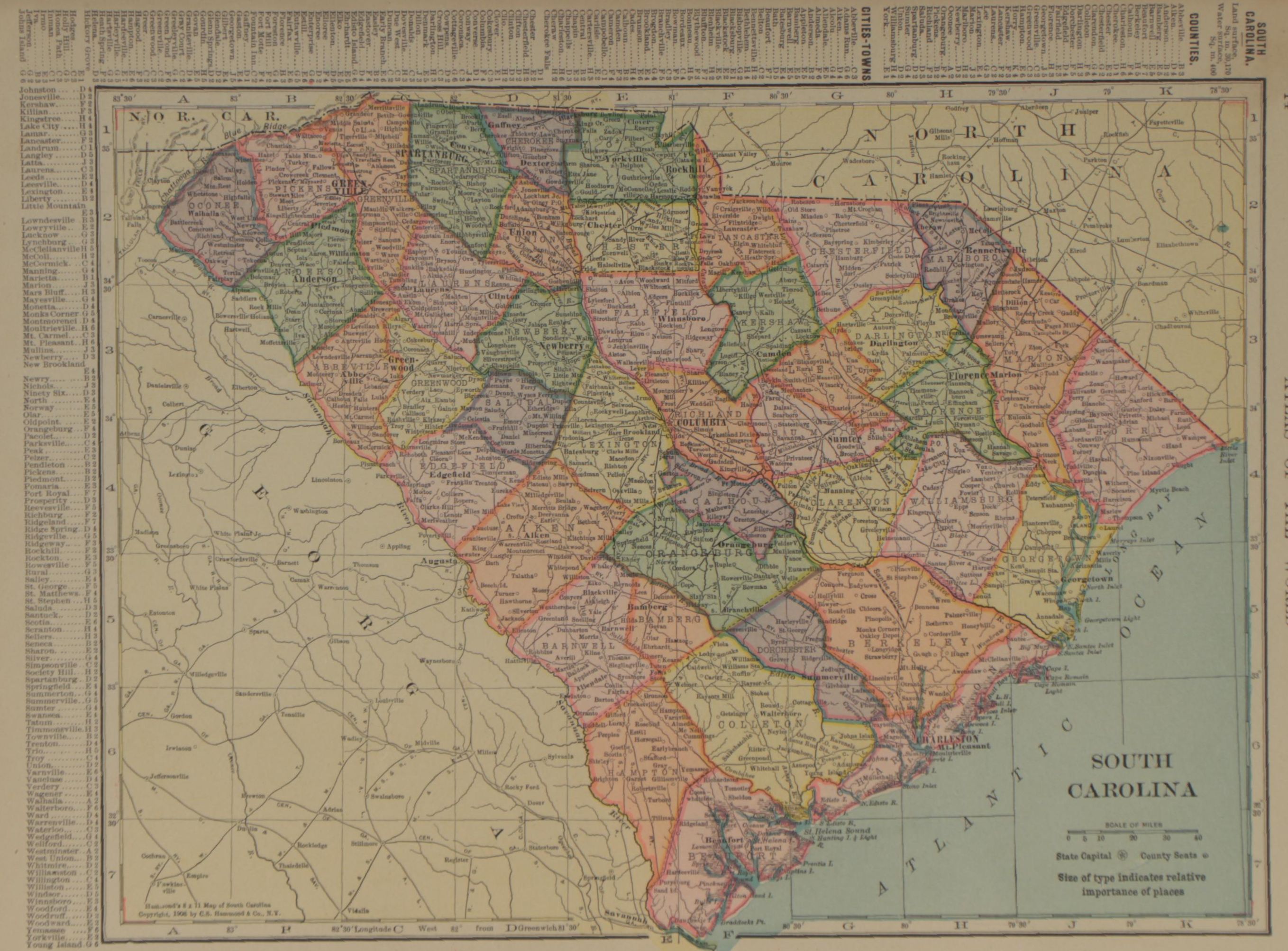 C. S. Hammond Co. Wax Engraving Map of South Carolina, 1908