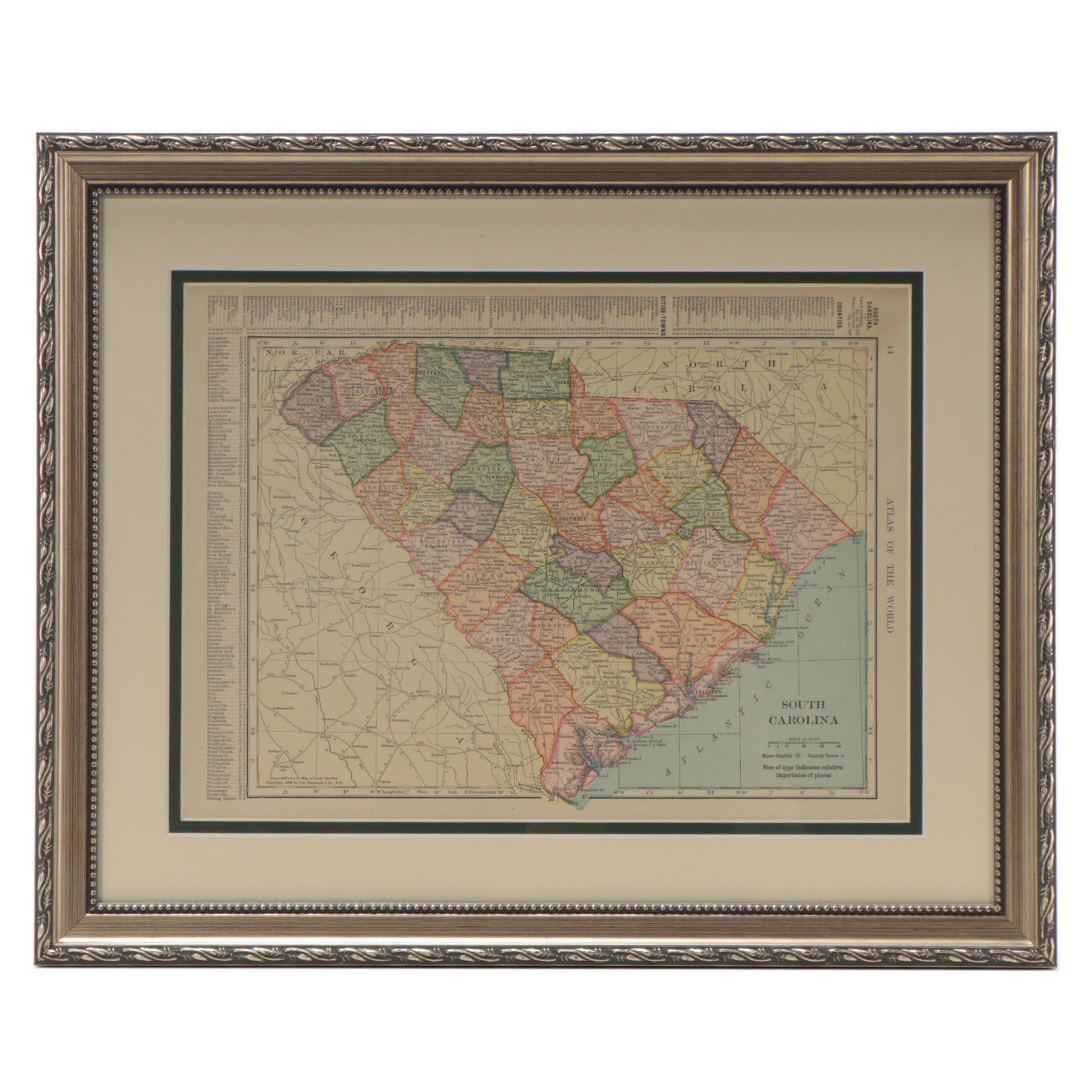 C. S. Hammond Co. Wax Engraving Map of South Carolina, 1908