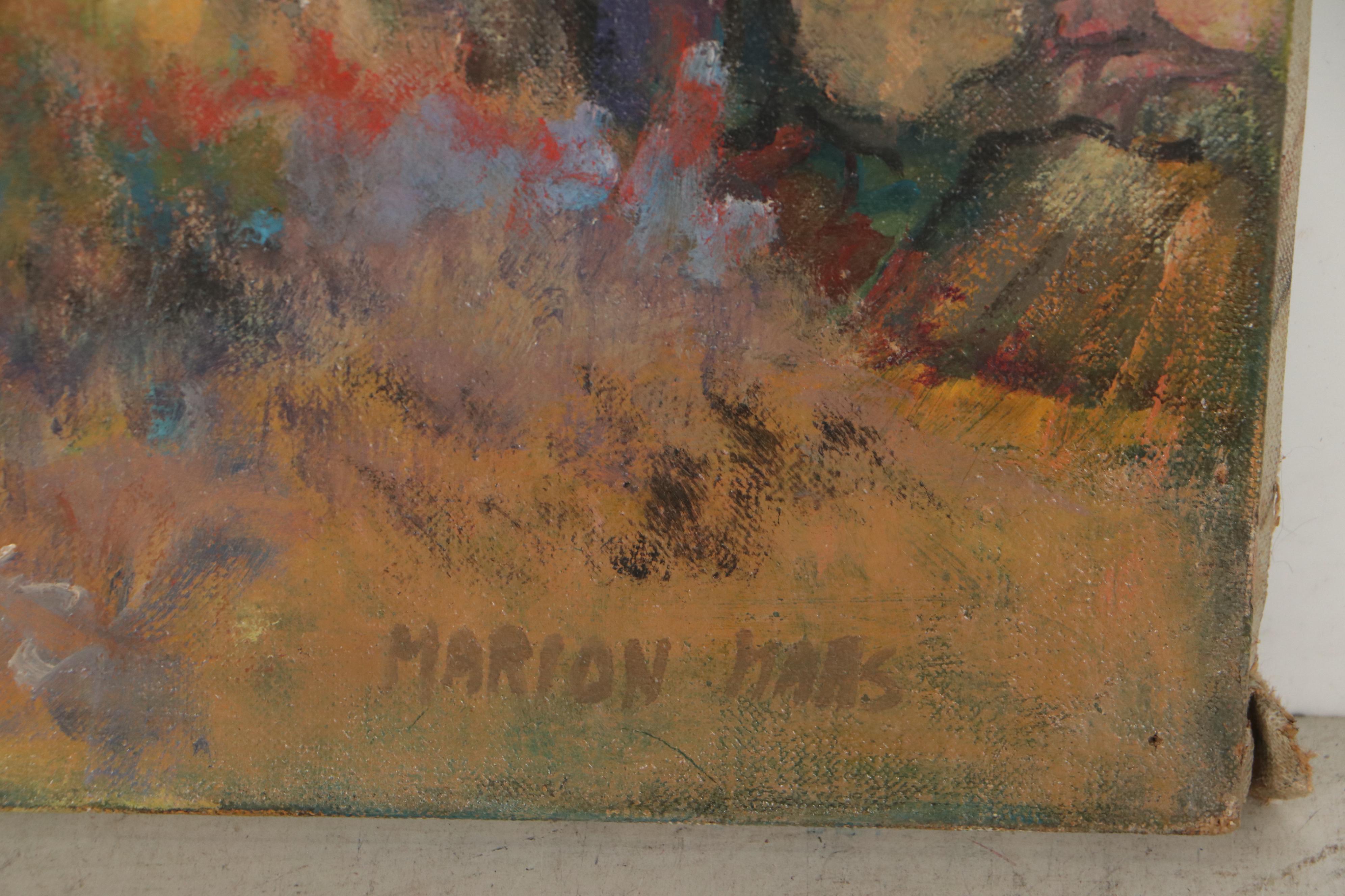 Marion Maas Pastoral Landscape Oil Painting of Cottage and Cows, Circa 1965