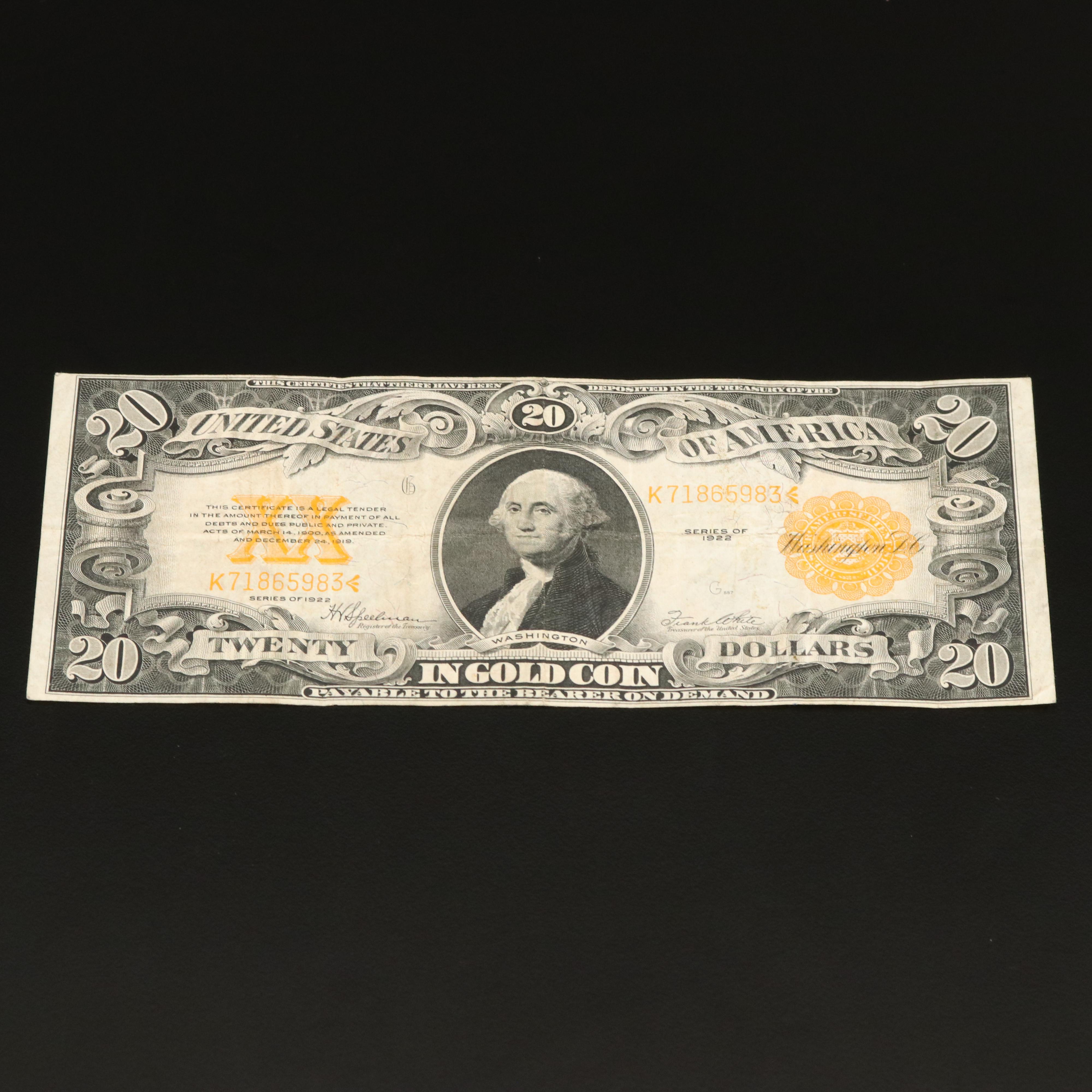 1922 $20 United States Gold Certificate