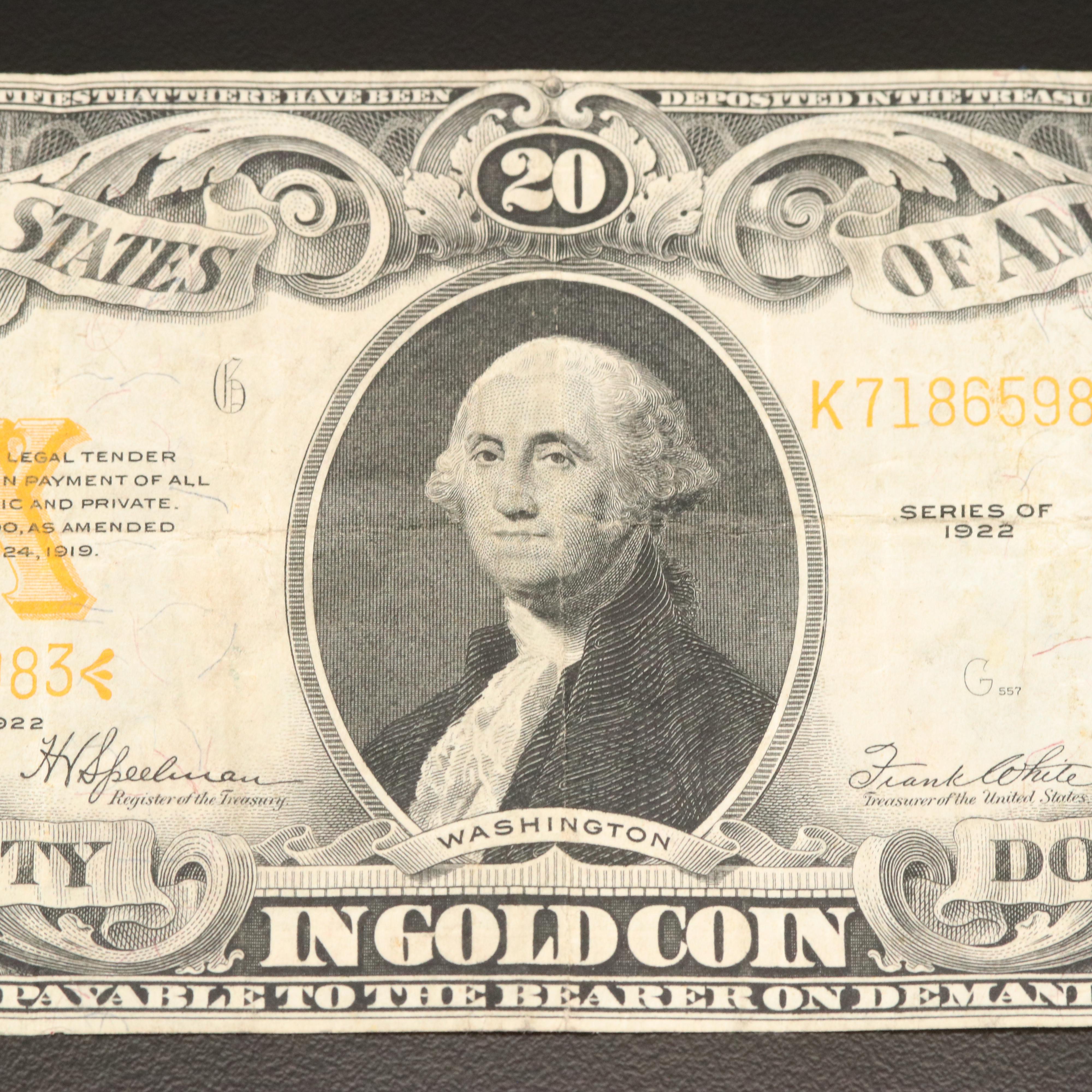 1922 $20 United States Gold Certificate