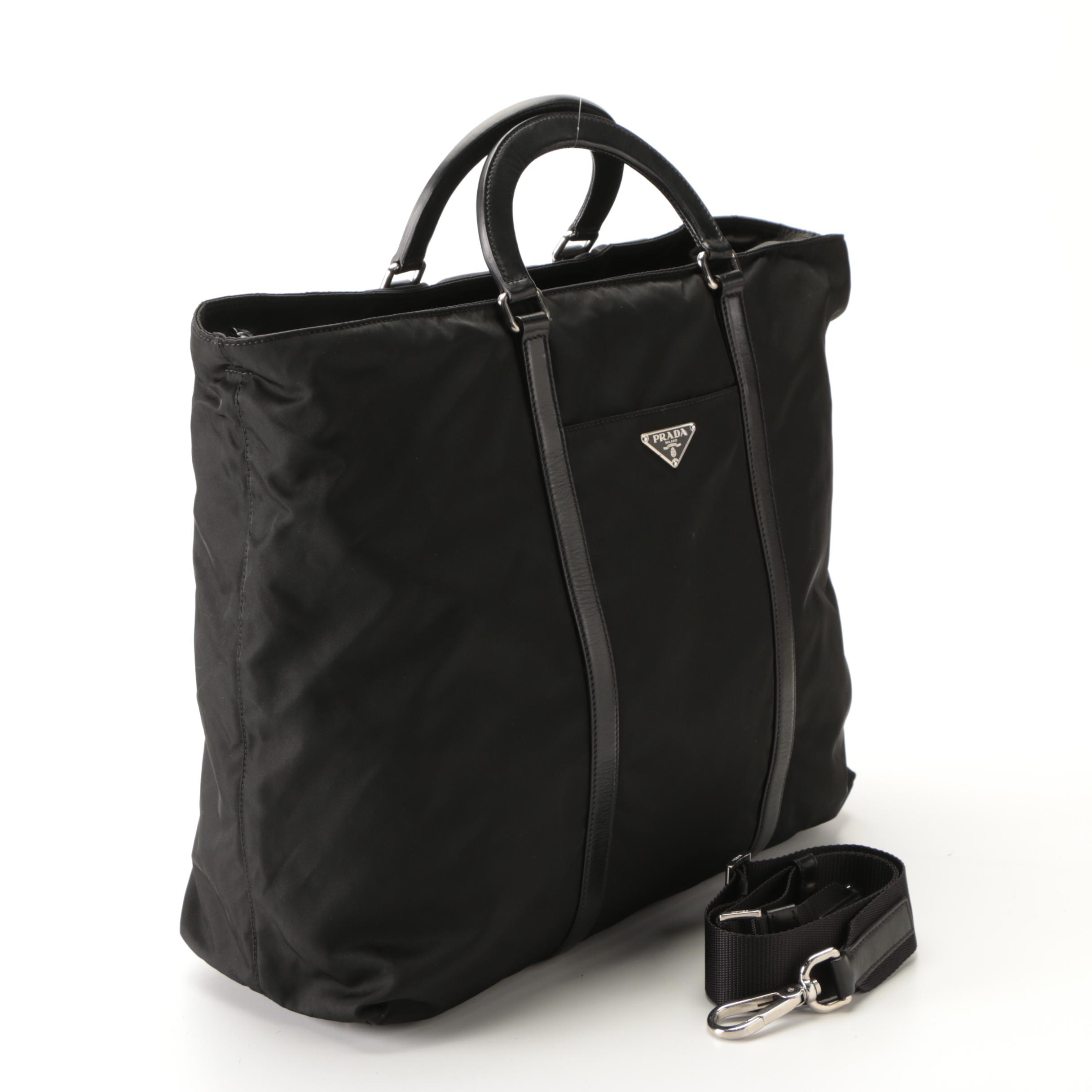 Prada Zip Tote Bag in Black Nylon Tessuto and Leather with Detachable Strap