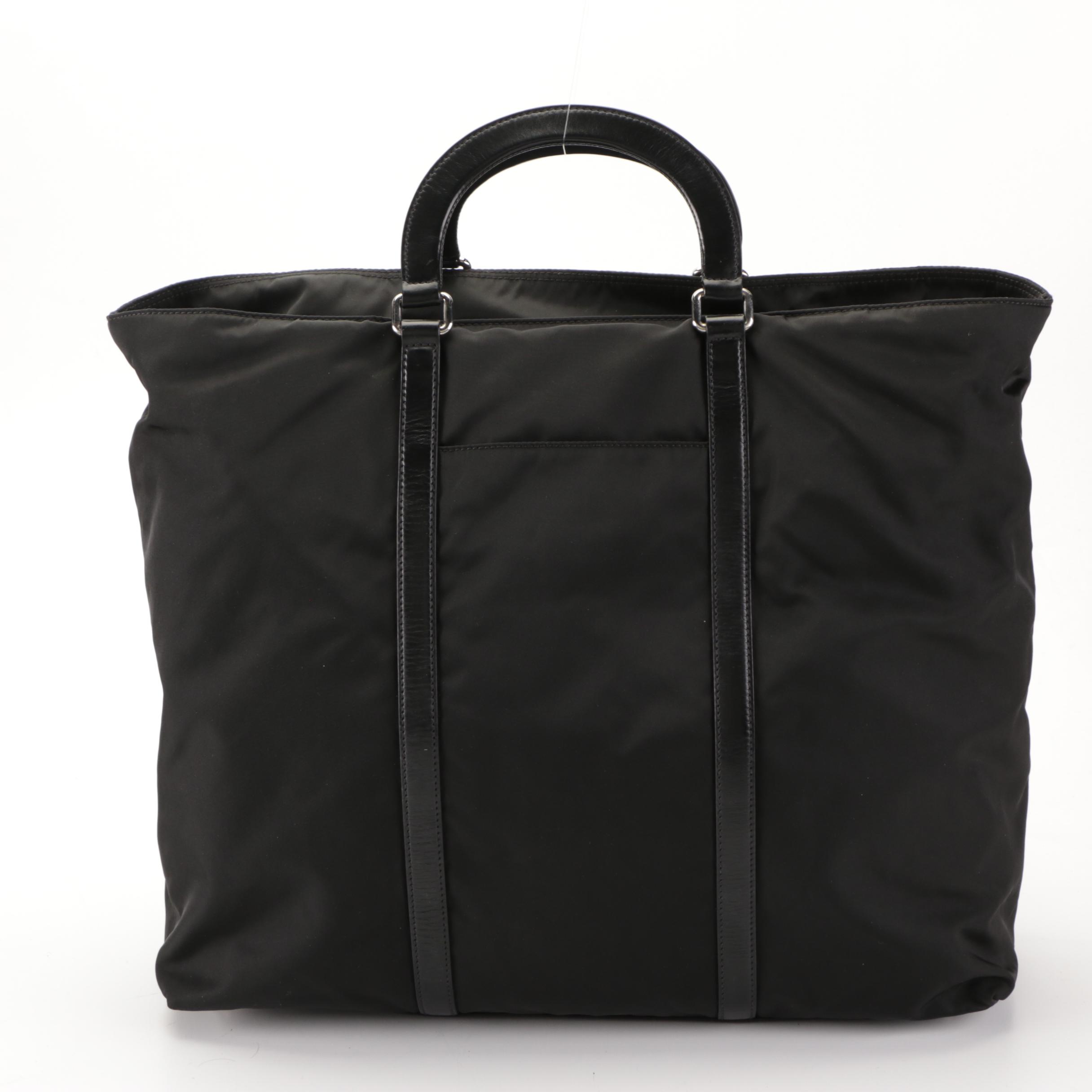 Prada Zip Tote Bag in Black Nylon Tessuto and Leather with Detachable Strap
