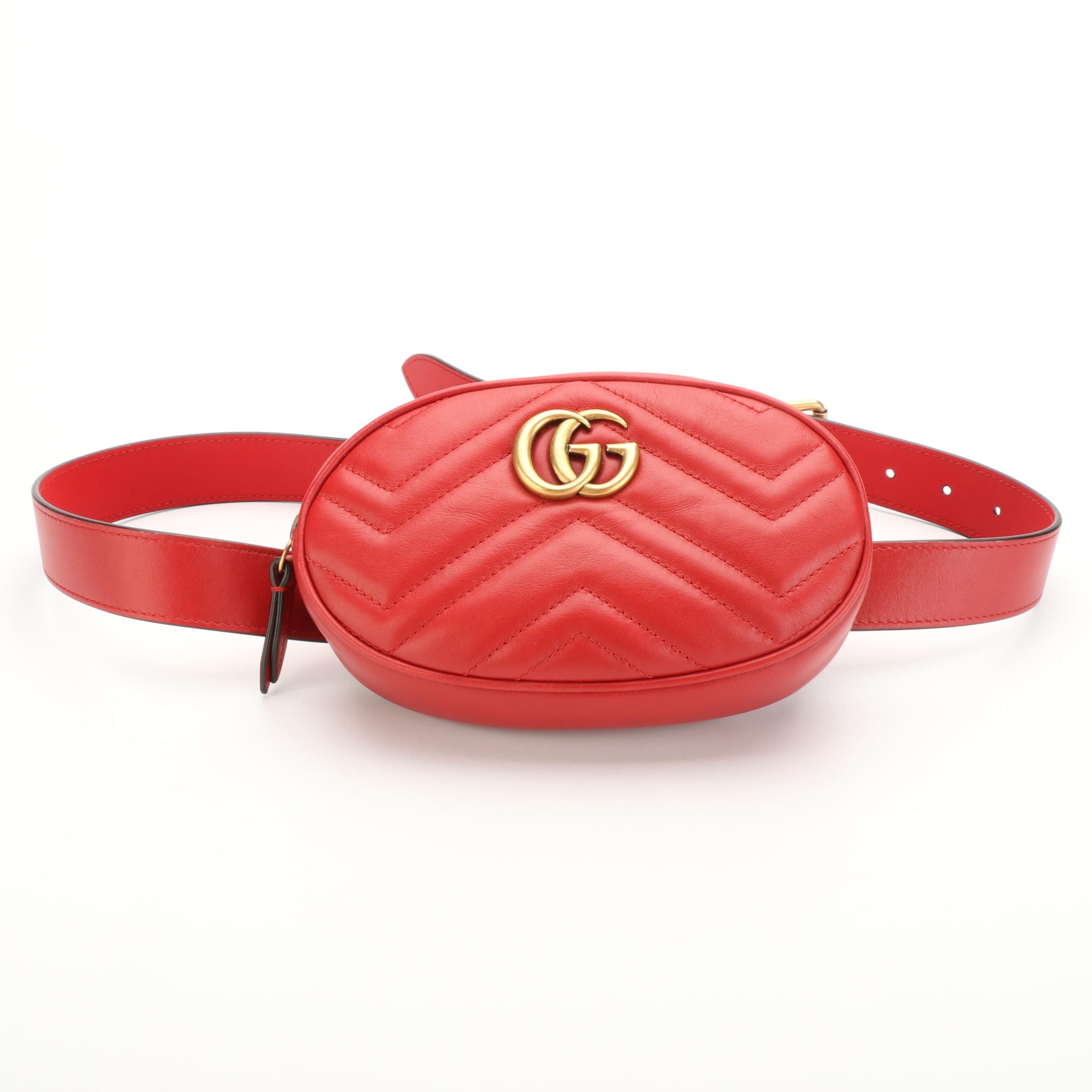 Gucci GG Marmont Belt Bag in Red Matelassé Leather with Box