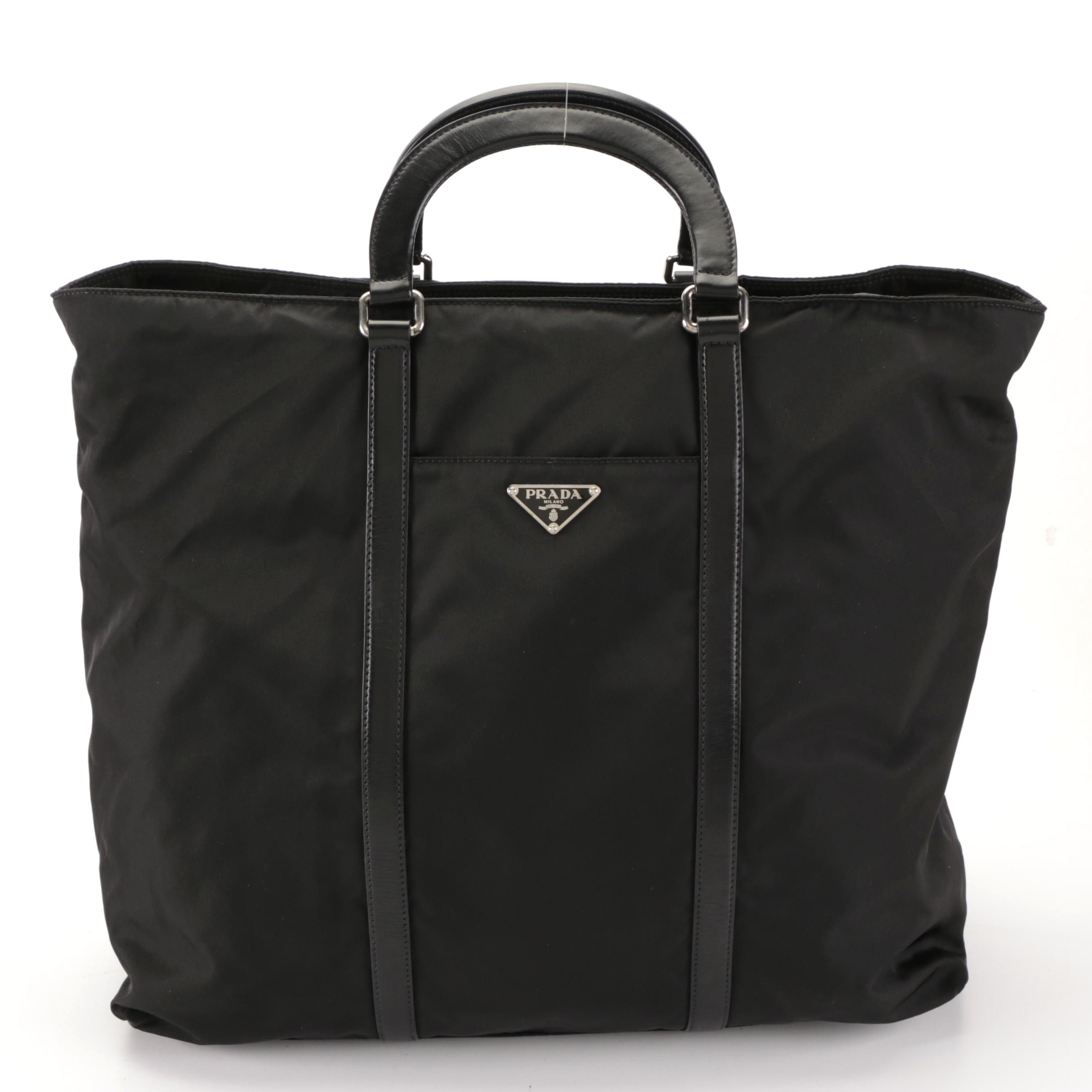 Prada Zip Tote Bag in Black Nylon Tessuto and Leather with Detachable Strap