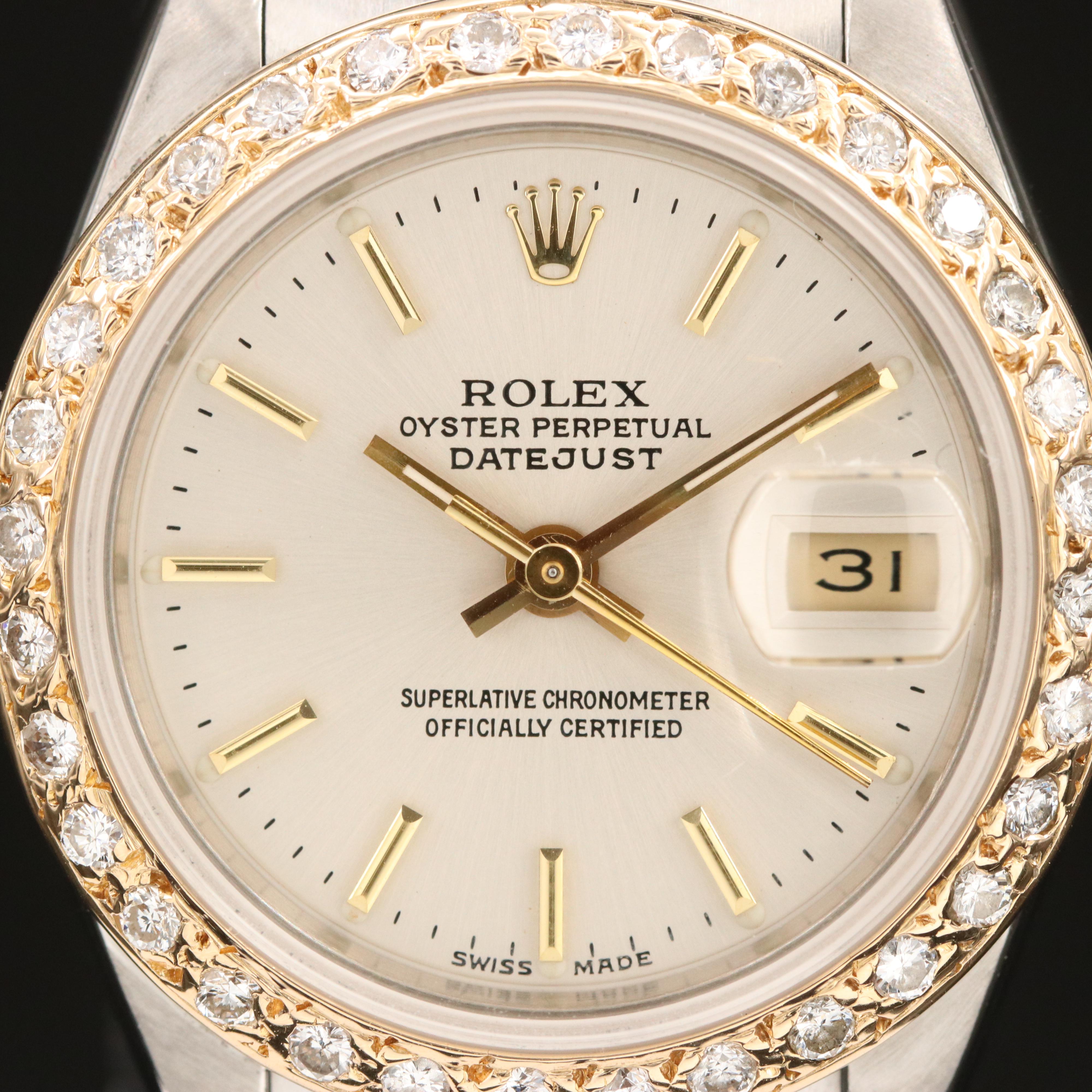 1985 Rolex Stainless Steel and 18K Datejust Diamond Bezel Watch