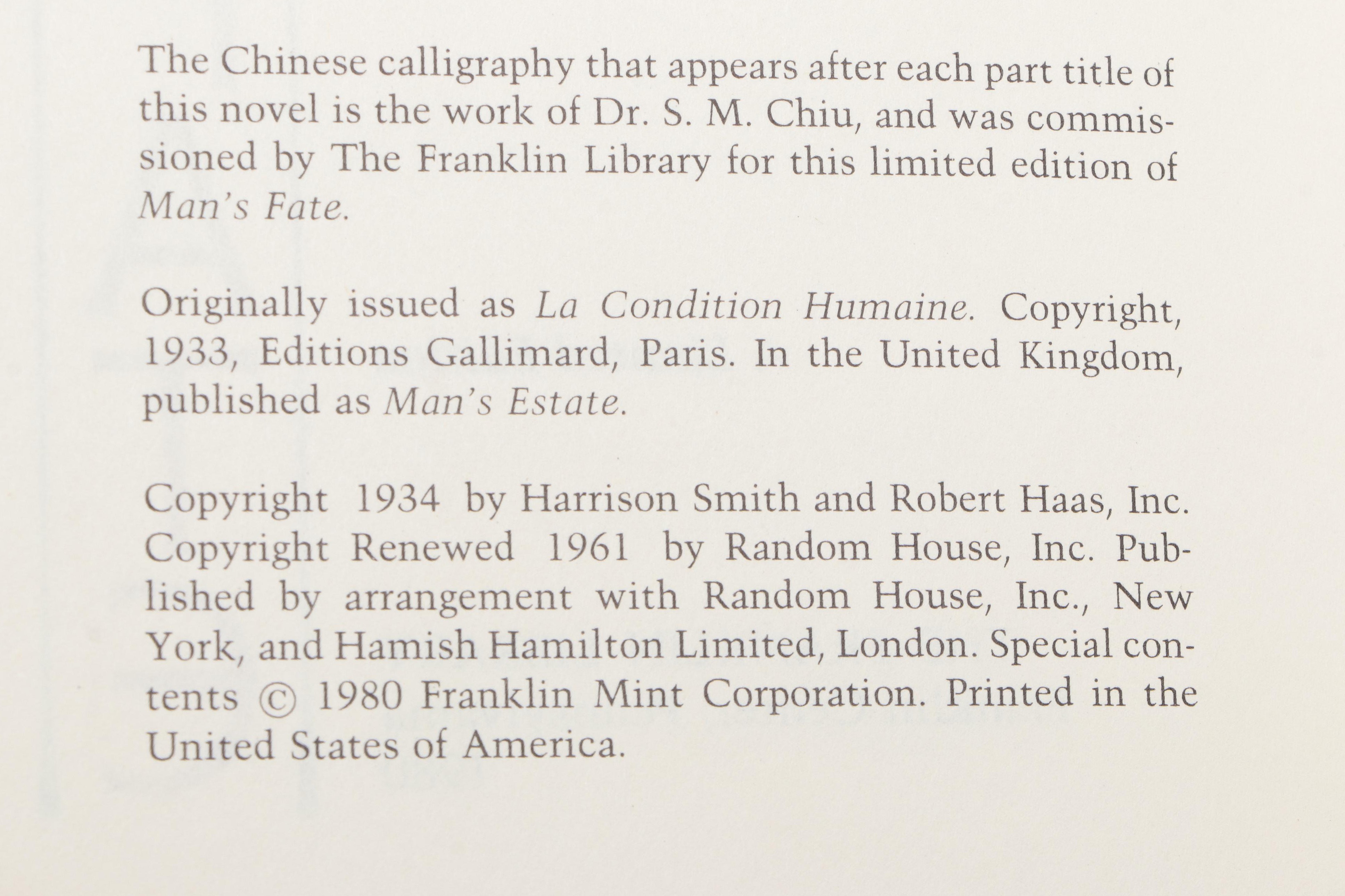 Limited Edition "Man's Fate" by André Malraux and More