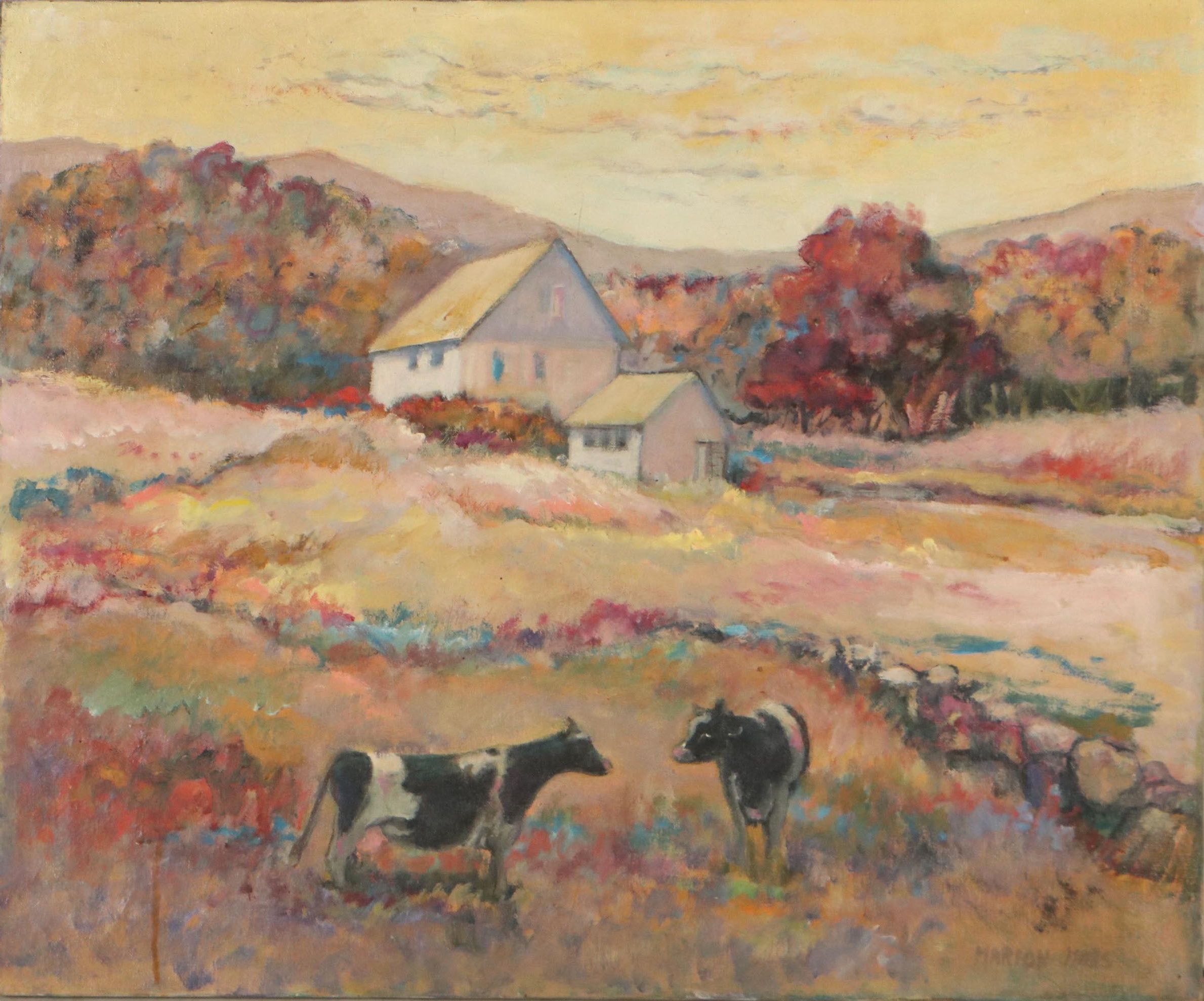 Marion Maas Pastoral Landscape Oil Painting of Cottage and Cows, Circa 1965