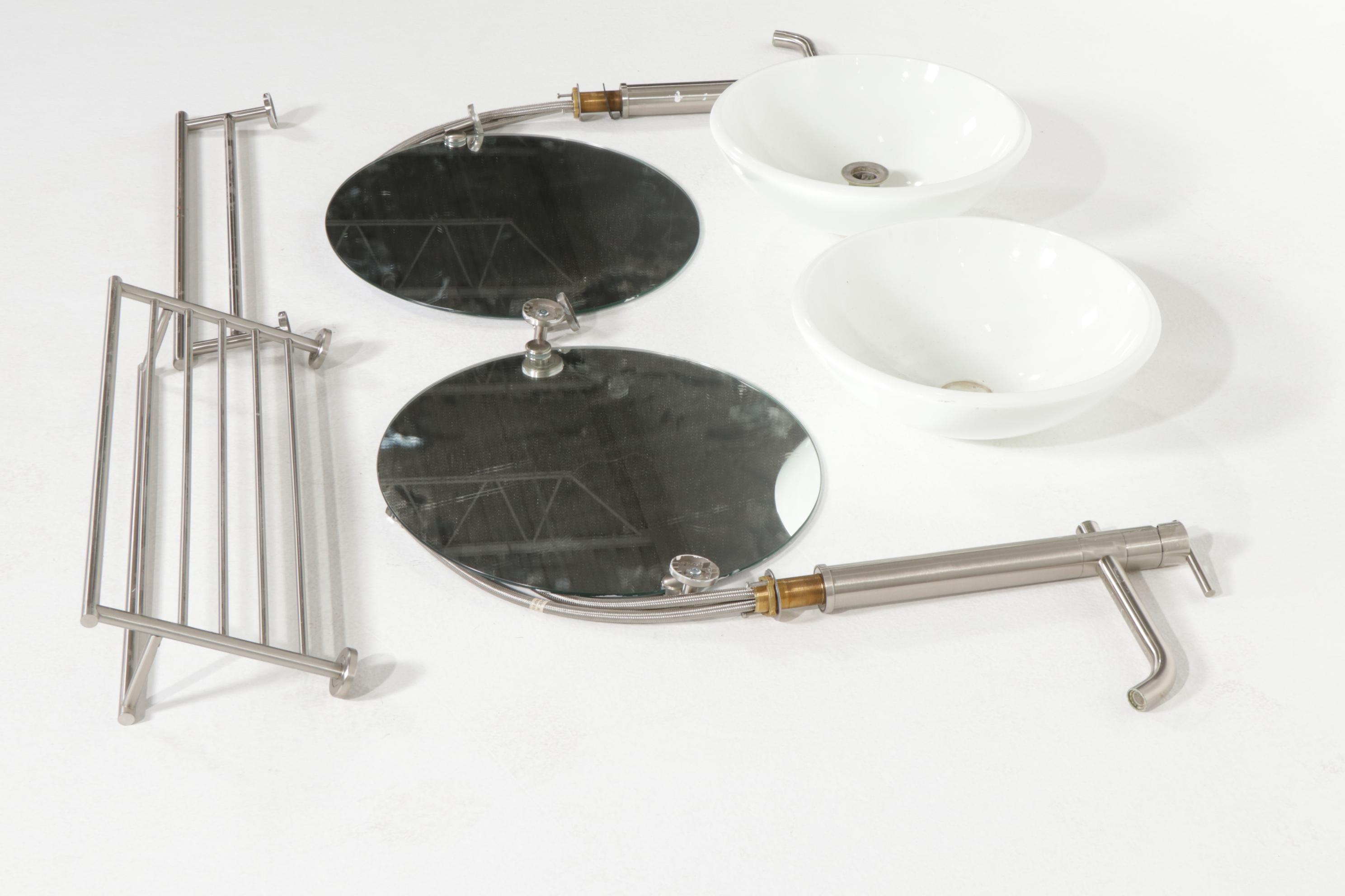 Pair of Bathroom Countertop Mounted Ceramic Sinks, Danze Faucets and Fixtures