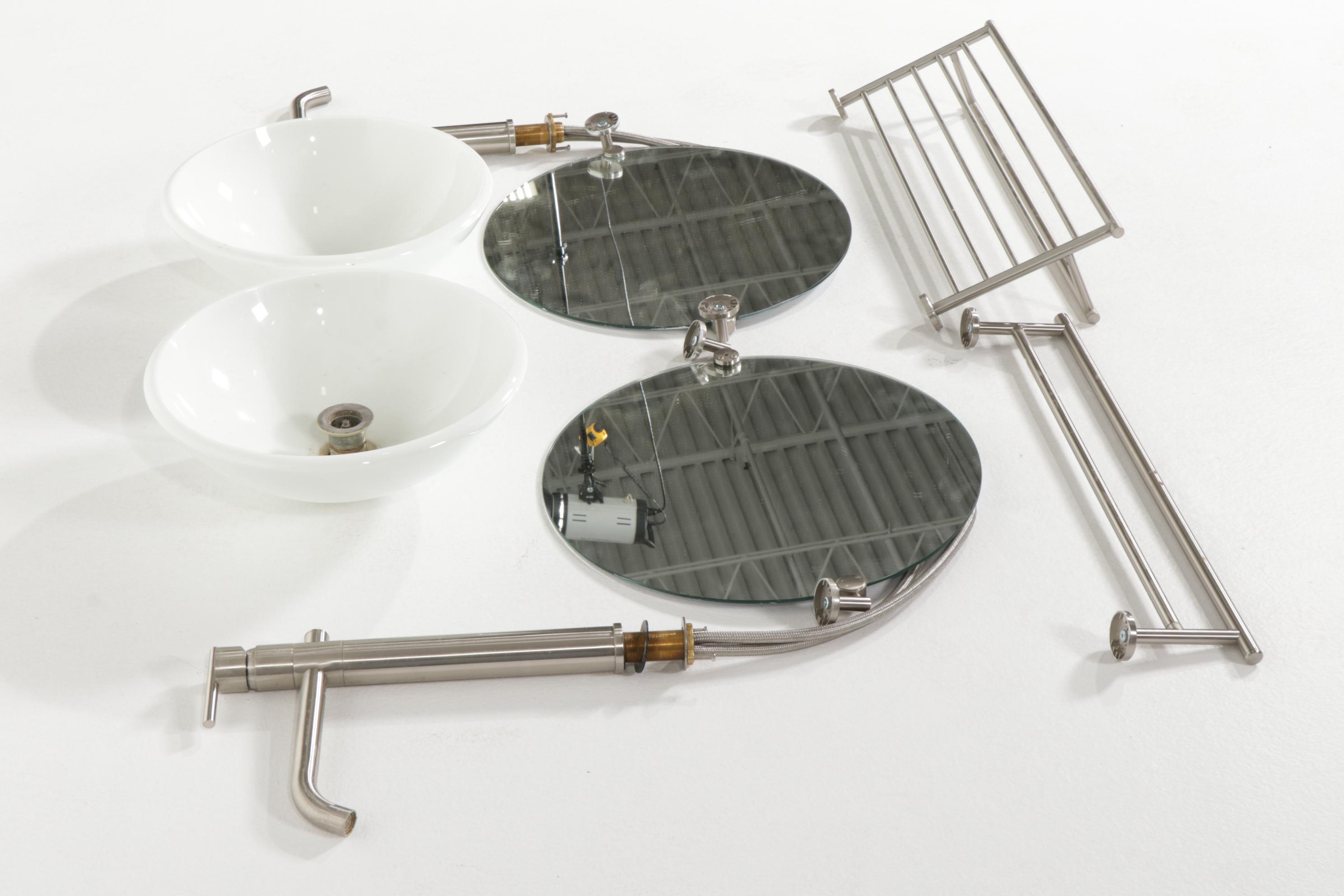 Pair of Bathroom Countertop Mounted Ceramic Sinks, Danze Faucets and Fixtures