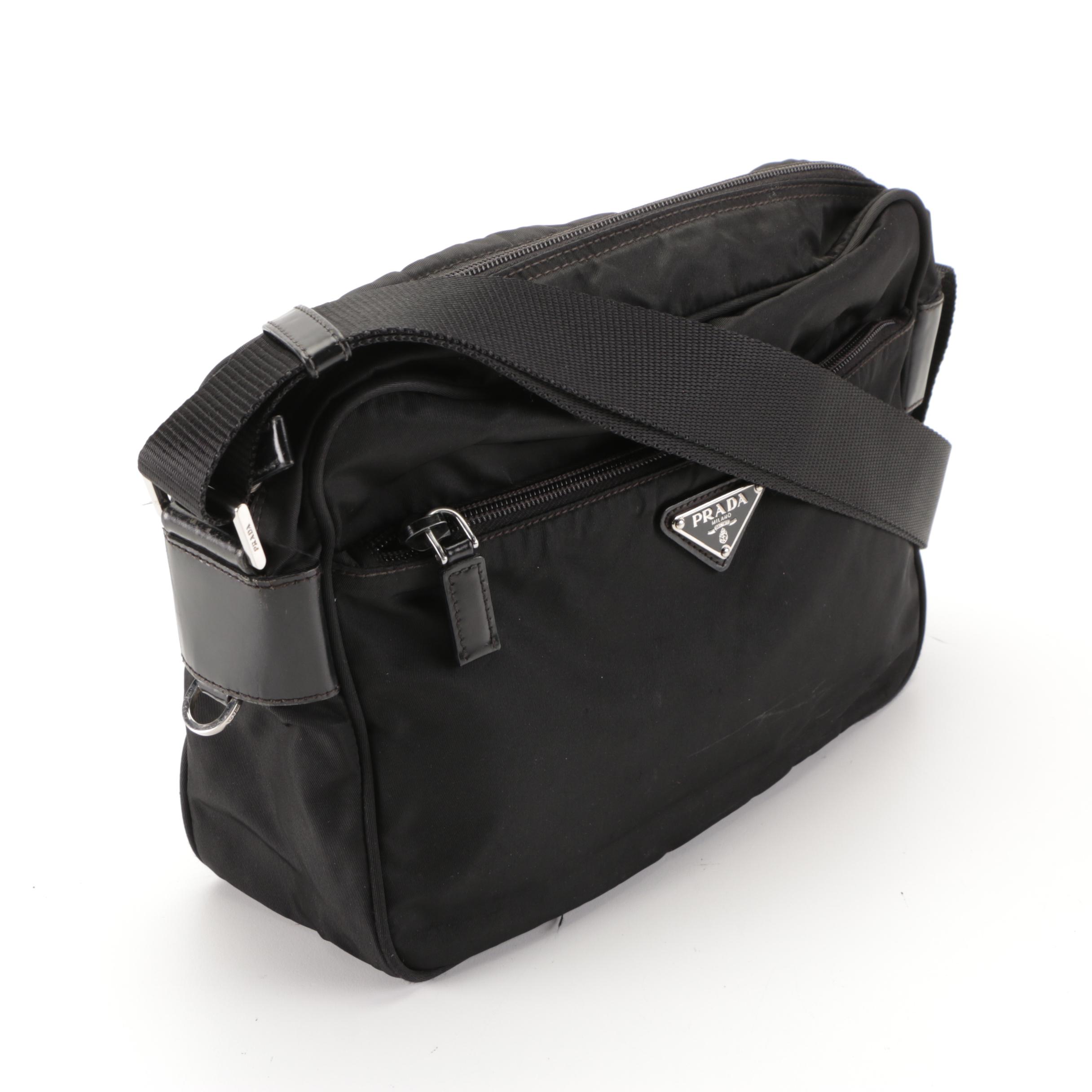 Prada Front Pocket Crossbody Bag in Black Nylon with Leather Trim