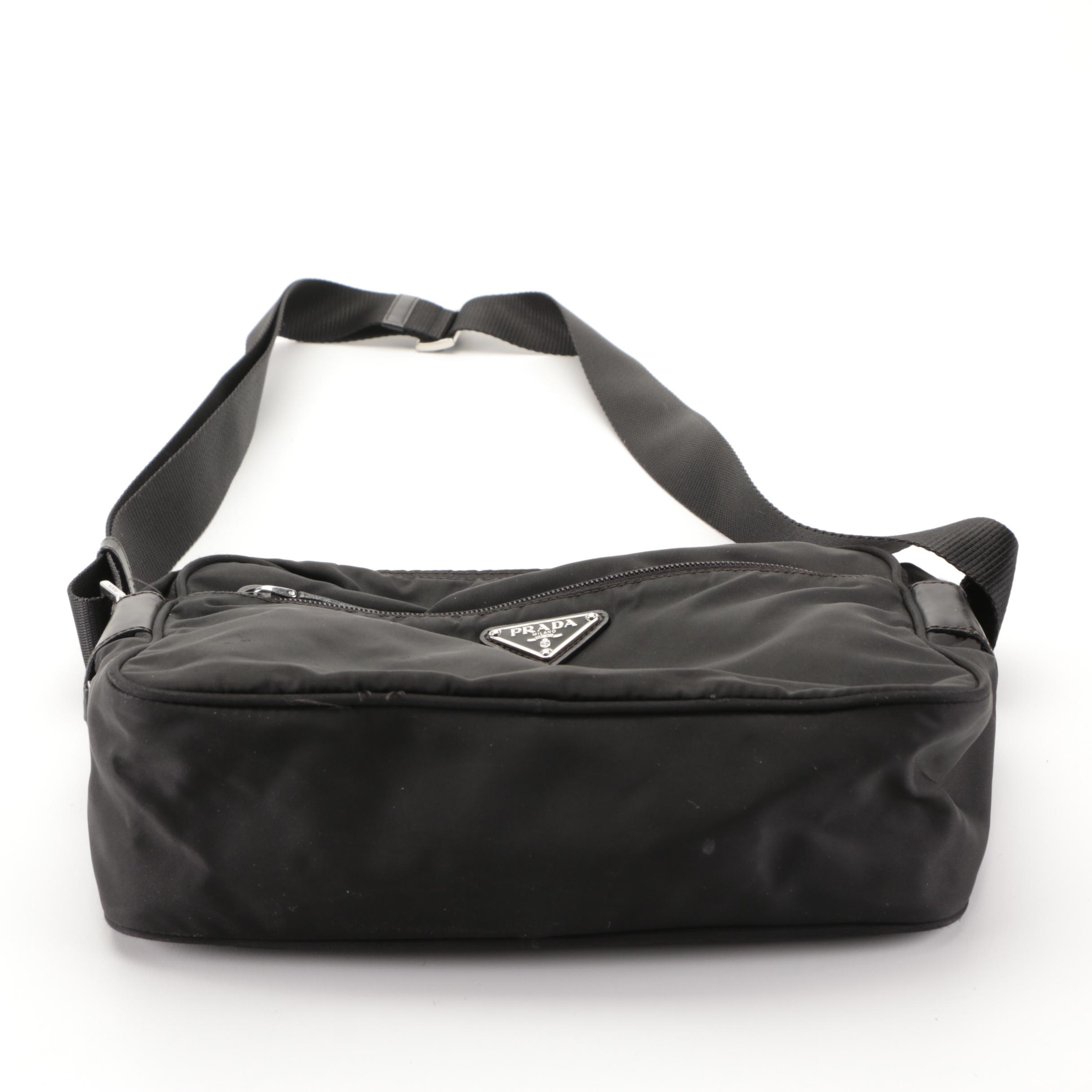 Prada Front Pocket Crossbody Bag in Black Nylon with Leather Trim