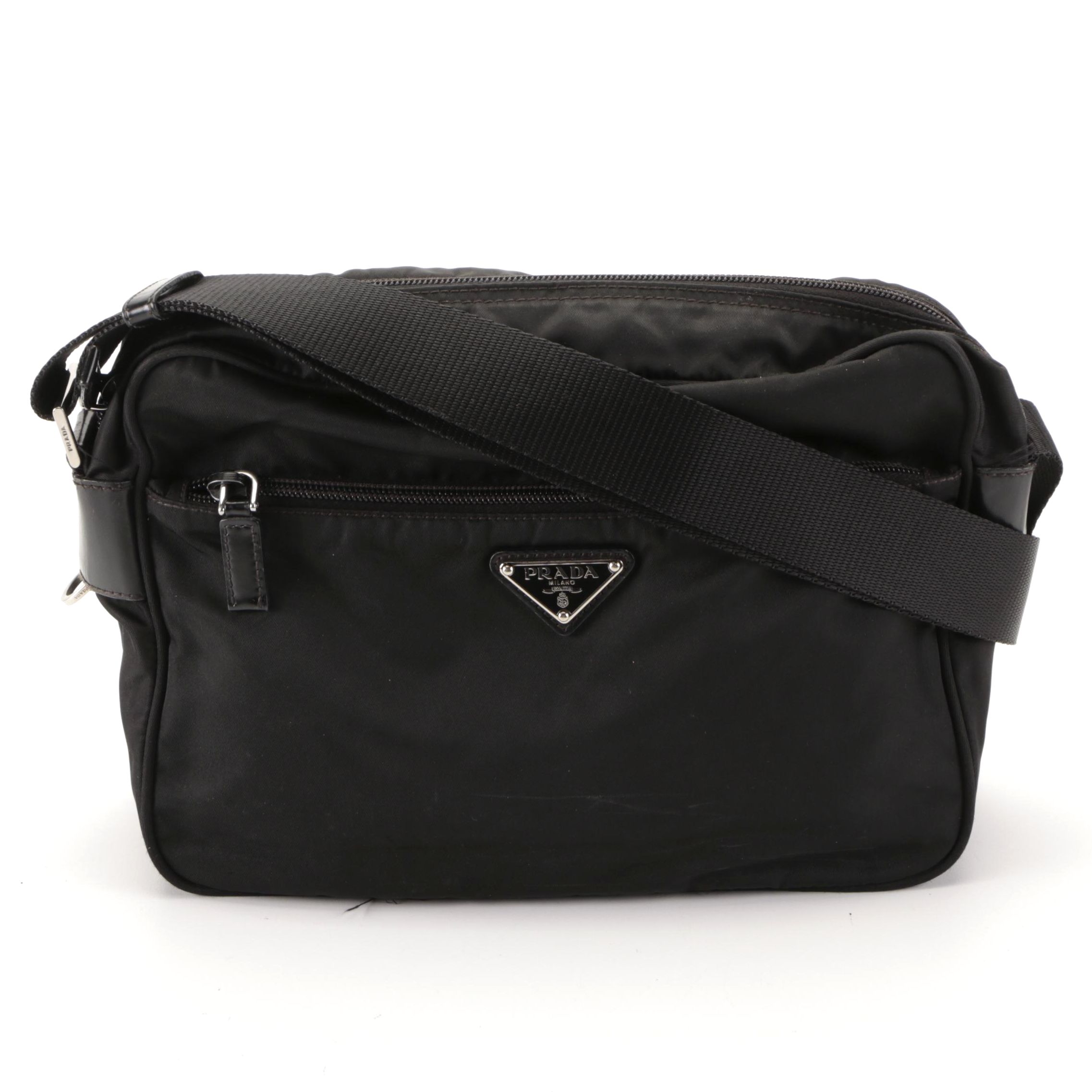 Prada Front Pocket Crossbody Bag in Black Nylon with Leather Trim