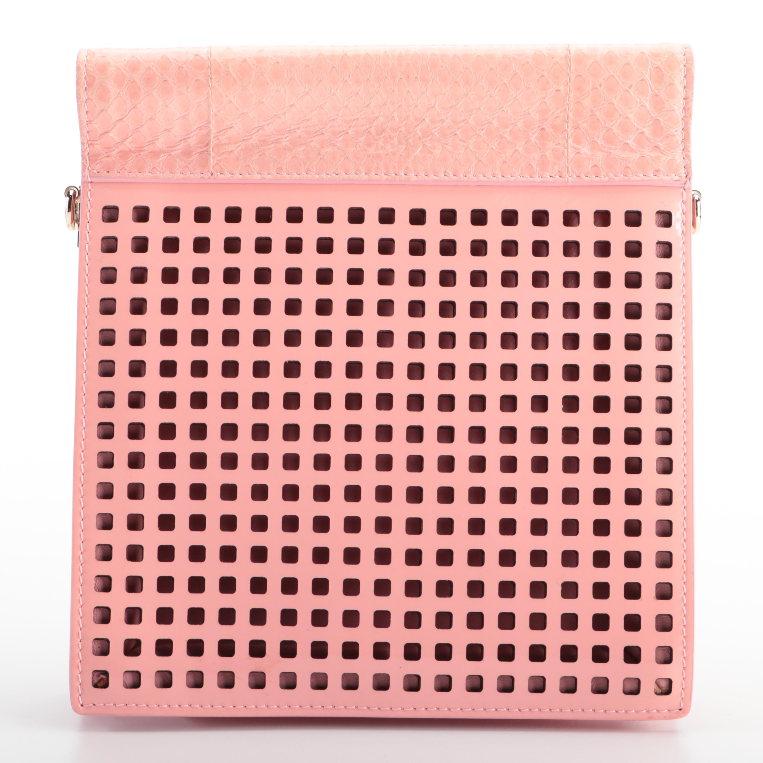 Gianni Versace Small Crossbody Bag in Pink Perforated Patent and Snakeskin