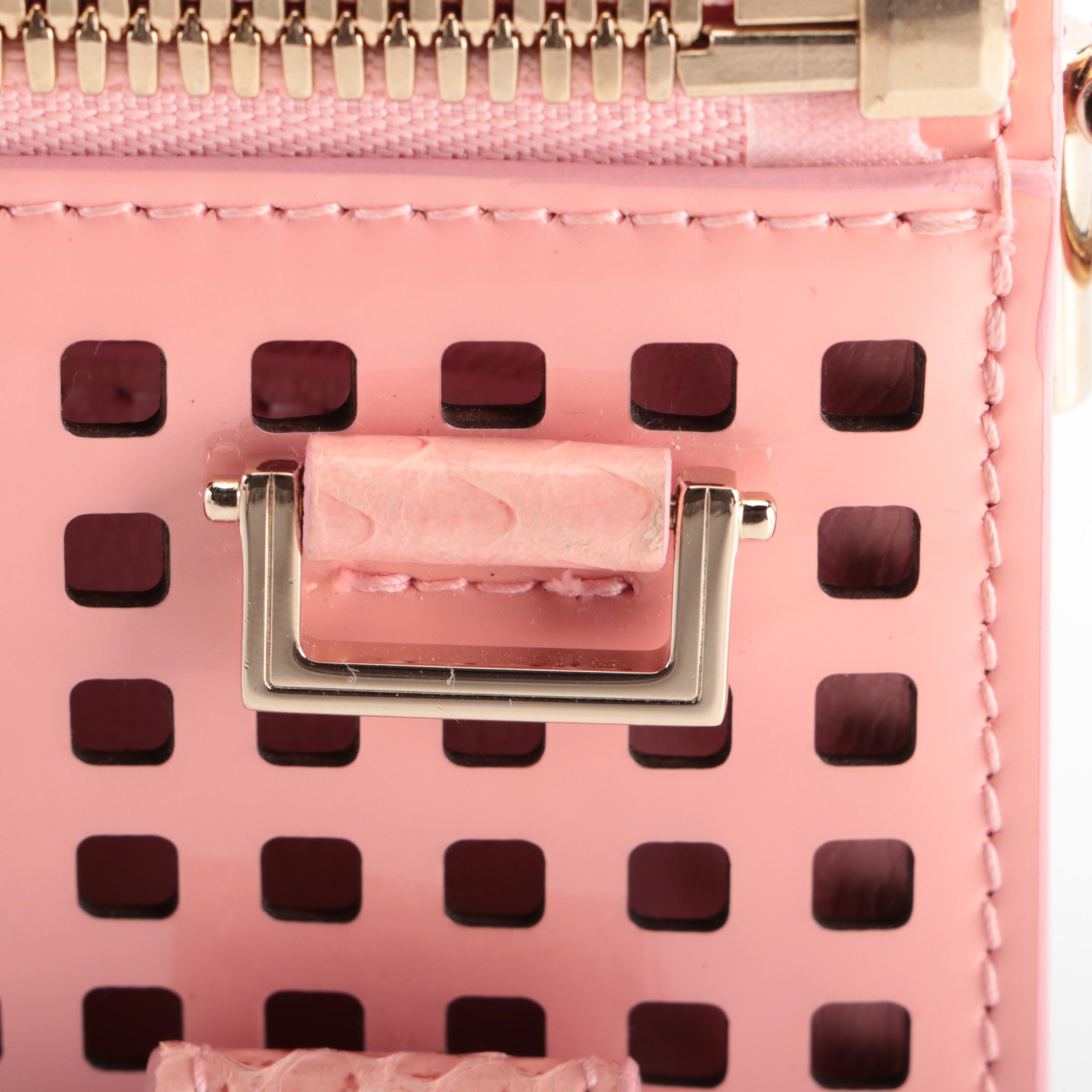 Gianni Versace Small Crossbody Bag in Pink Perforated Patent and Snakeskin