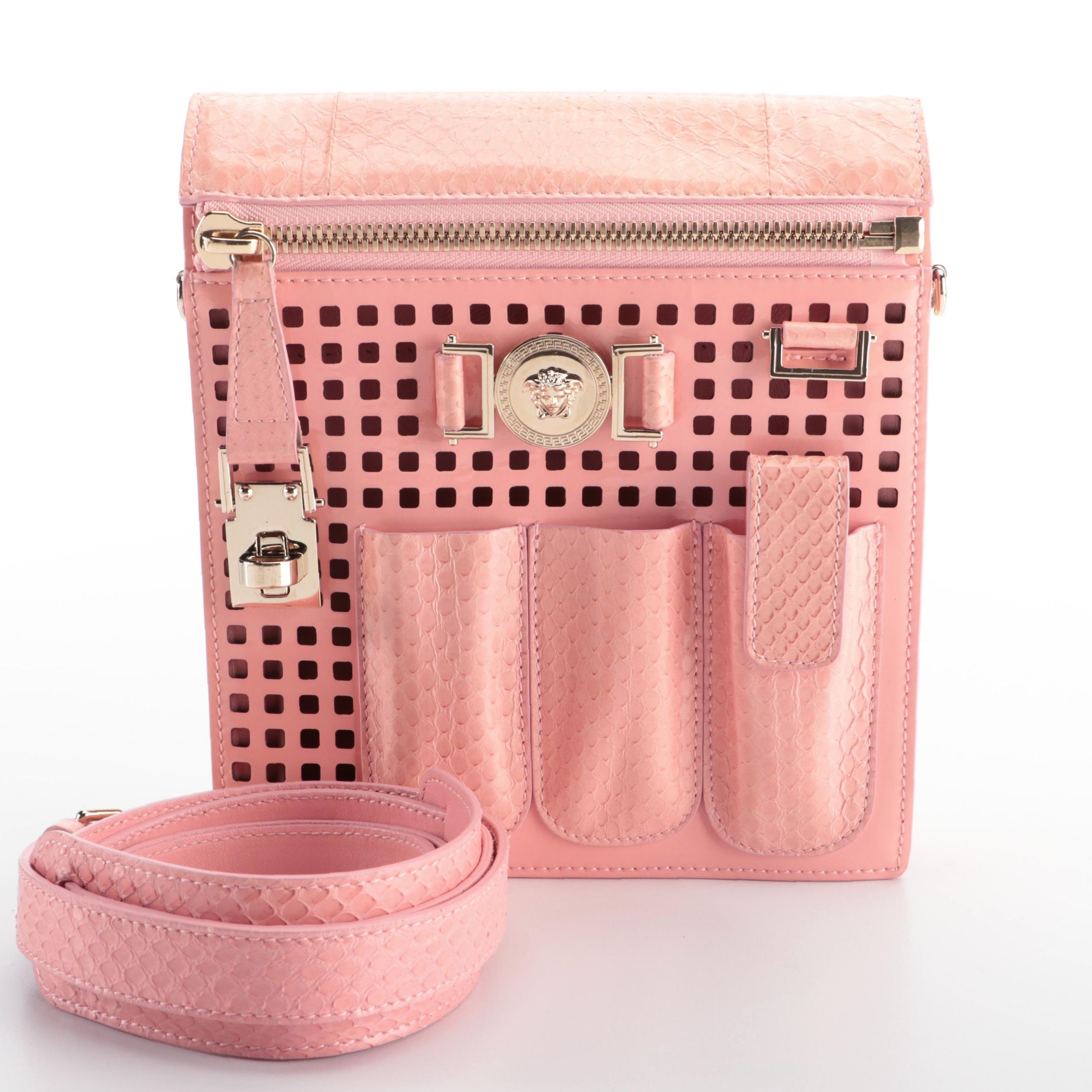 Gianni Versace Small Crossbody Bag in Pink Perforated Patent and Snakeskin
