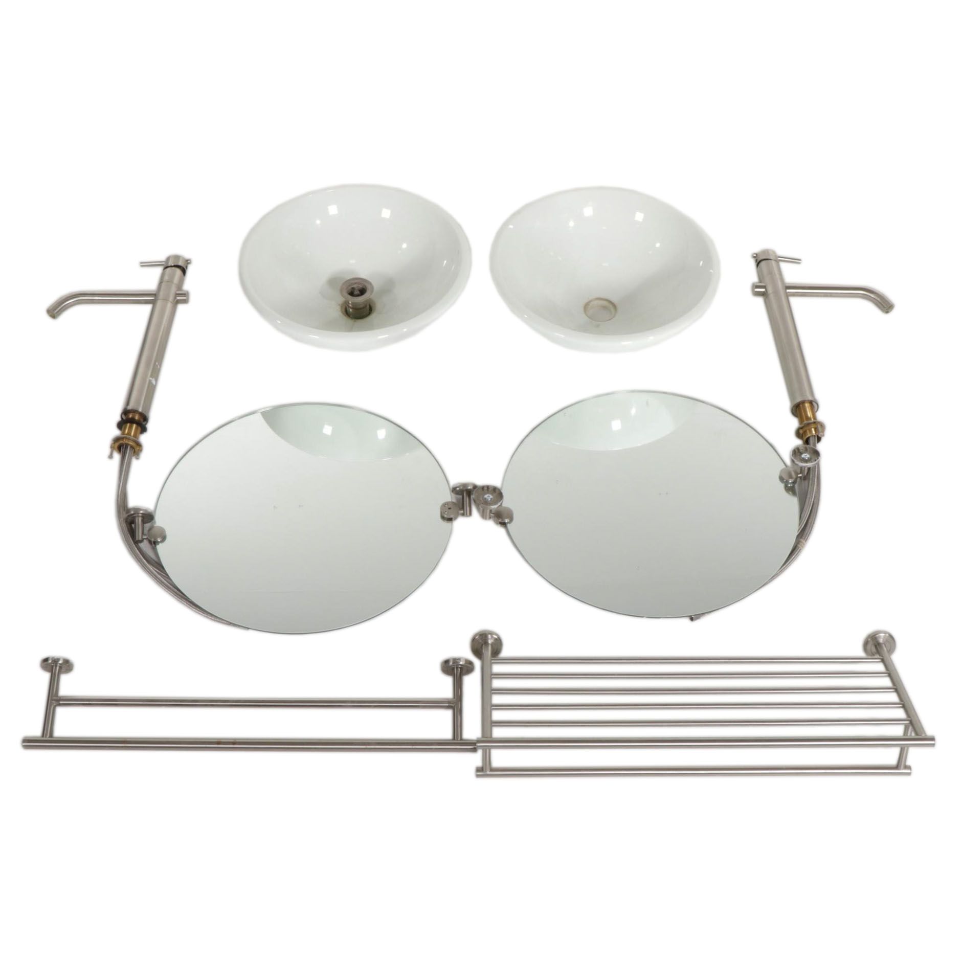 Pair of Bathroom Countertop Mounted Ceramic Sinks, Danze Faucets and Fixtures