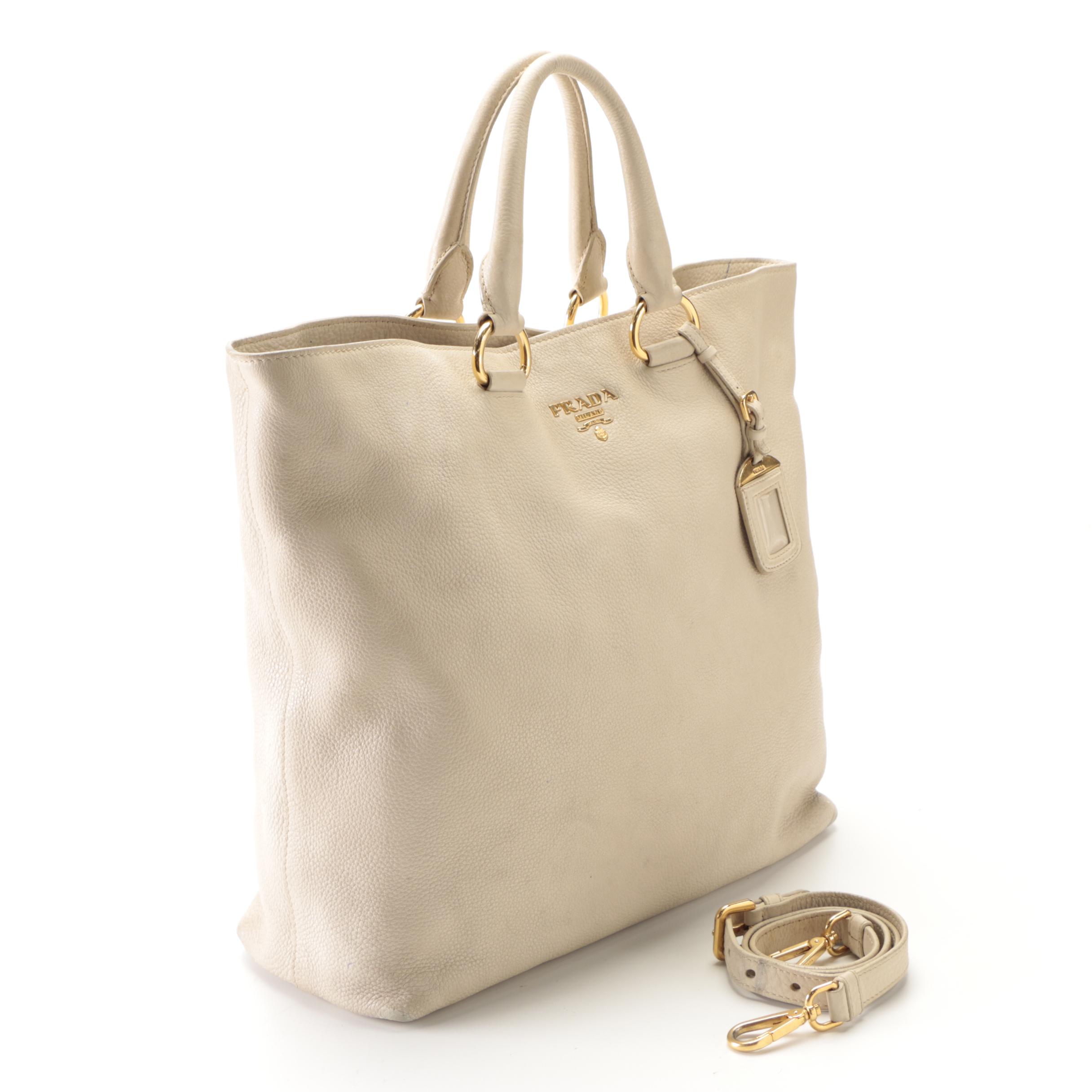 Prada Large Two-Way Shopper Tote in Beige Pebbled Leather