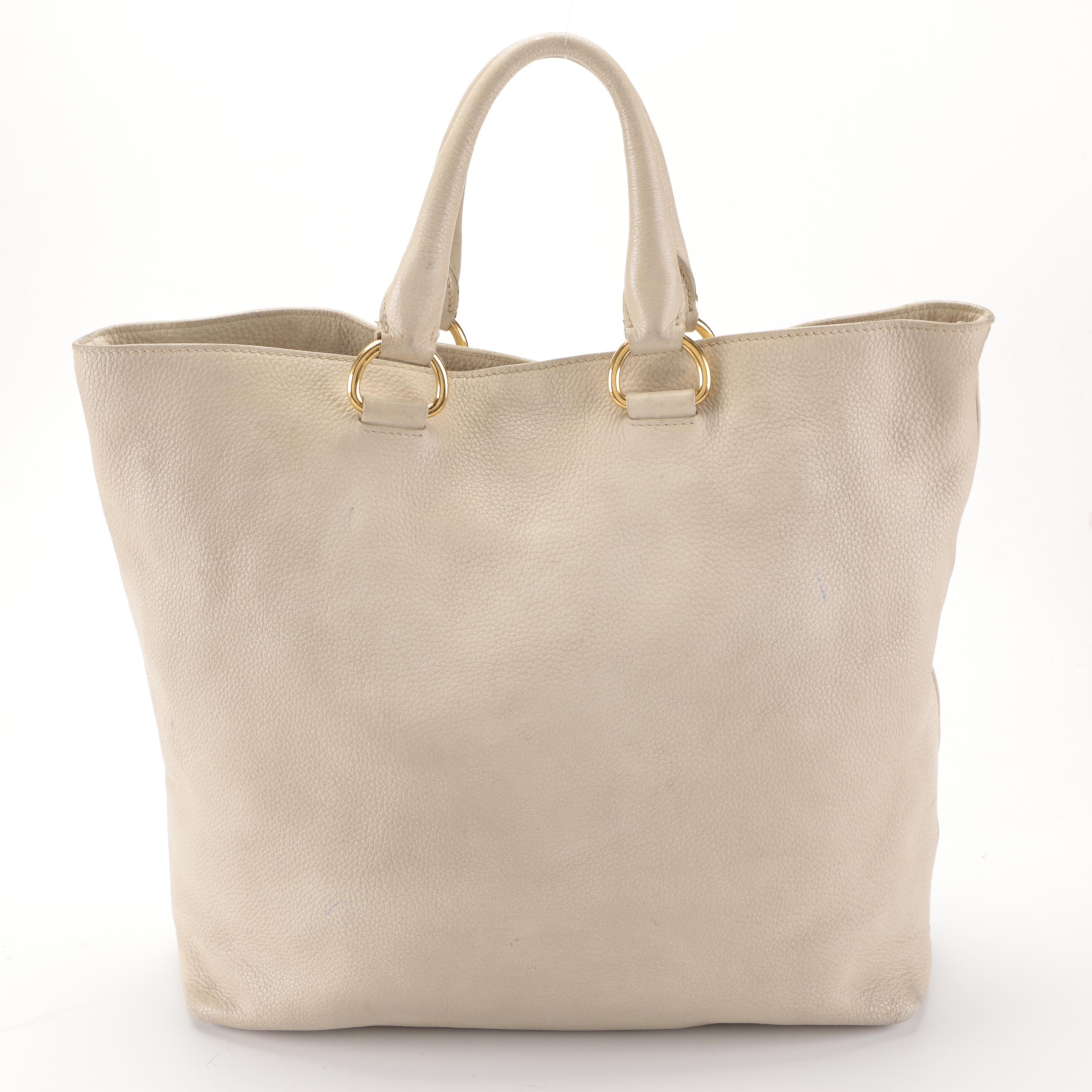 Prada Large Two-Way Shopper Tote in Beige Pebbled Leather