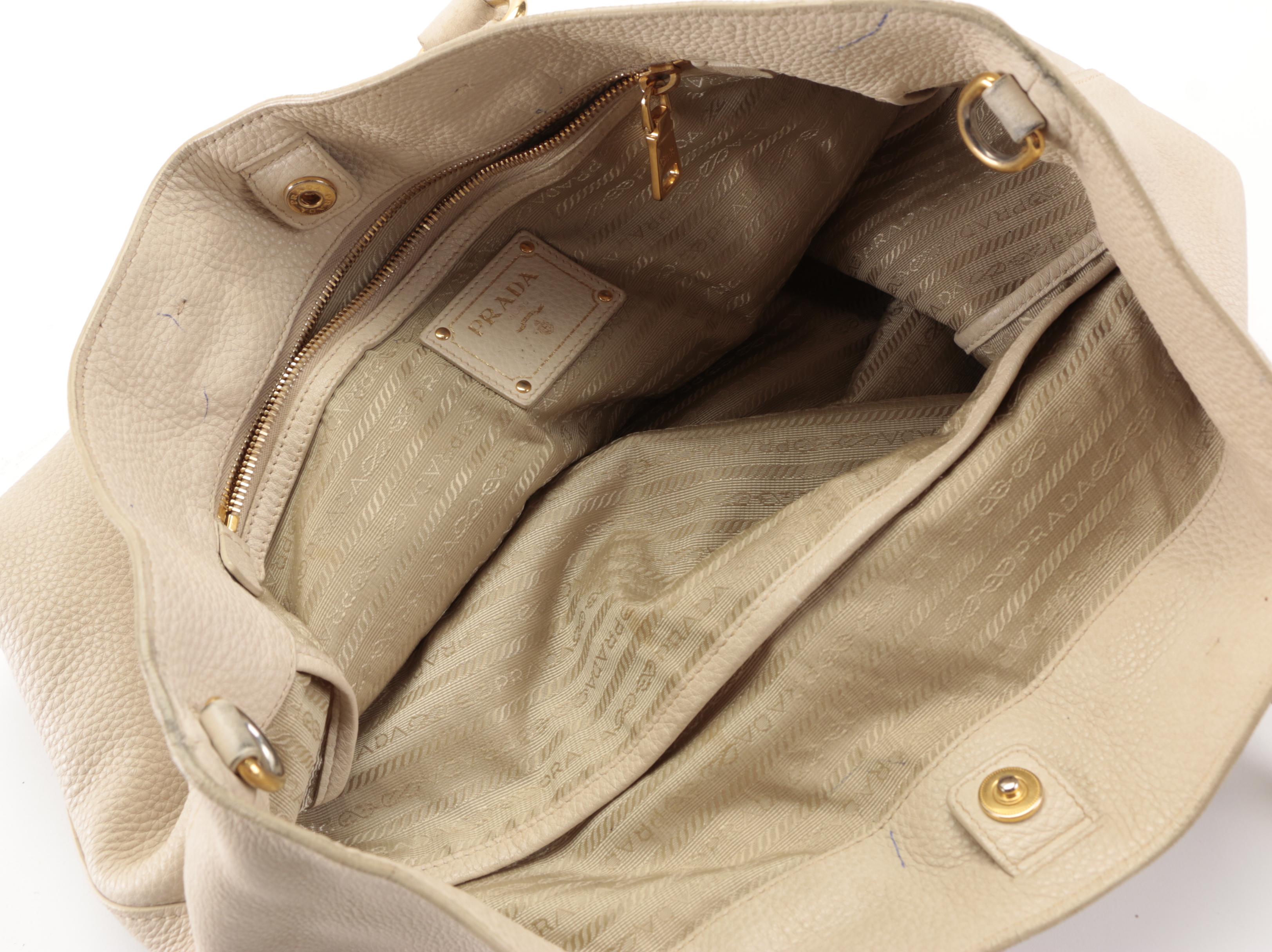 Prada Large Two-Way Shopper Tote in Beige Pebbled Leather