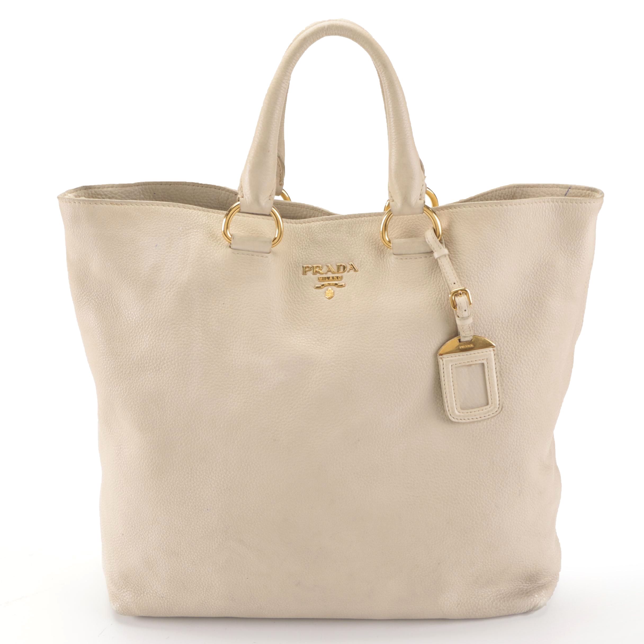 Prada Large Two-Way Shopper Tote in Beige Pebbled Leather
