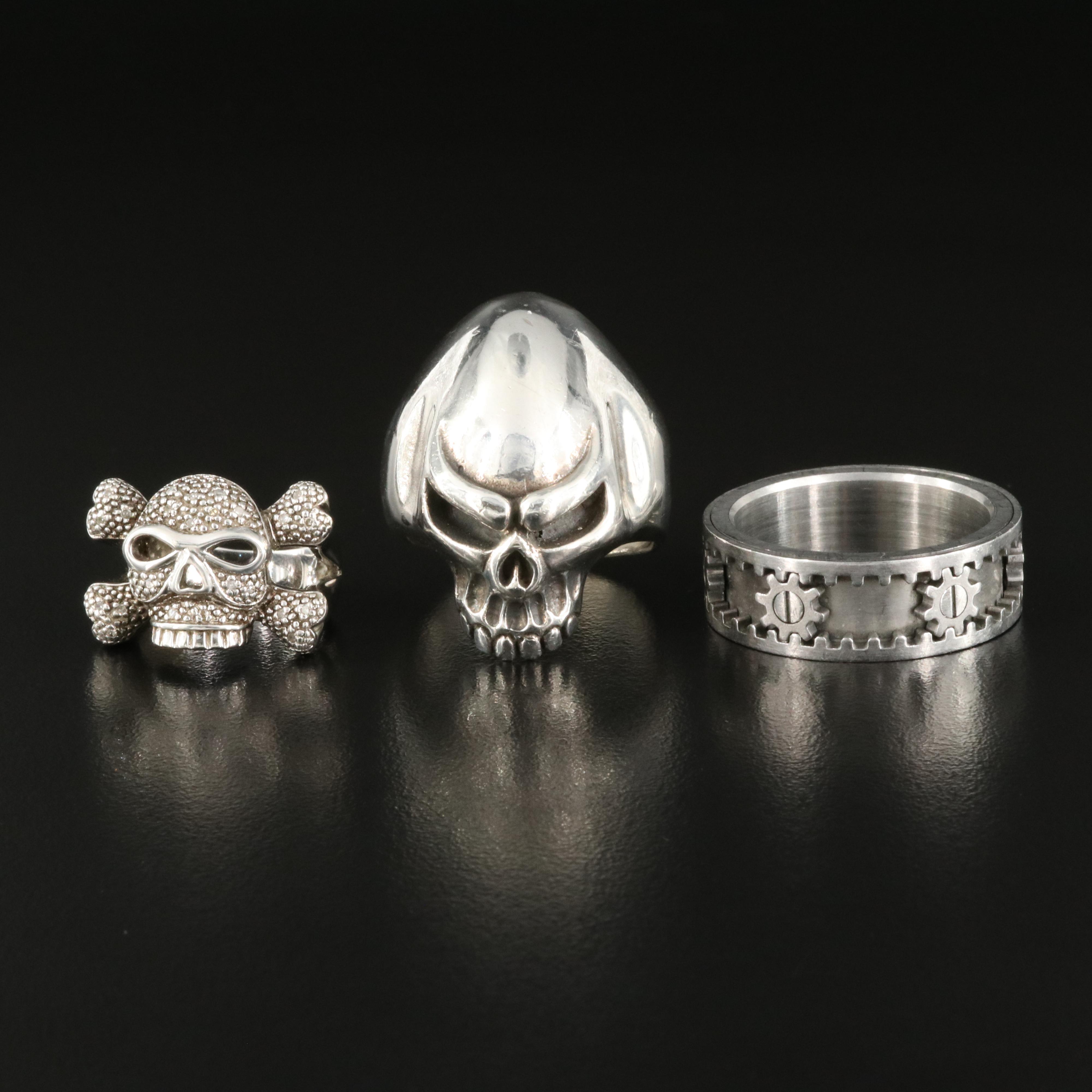 Sterling Skull Rings with Kinekt "Gear" Ring