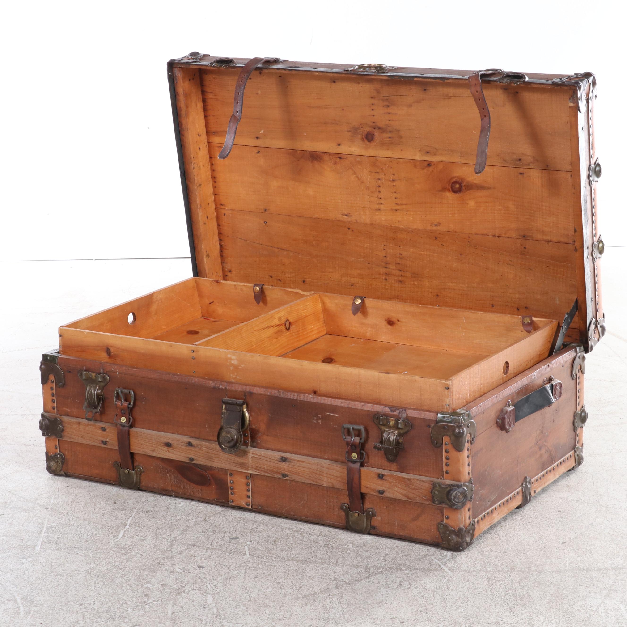 Late Victorian Metal-Mounted Pine Flat-Top Steamer Trunk