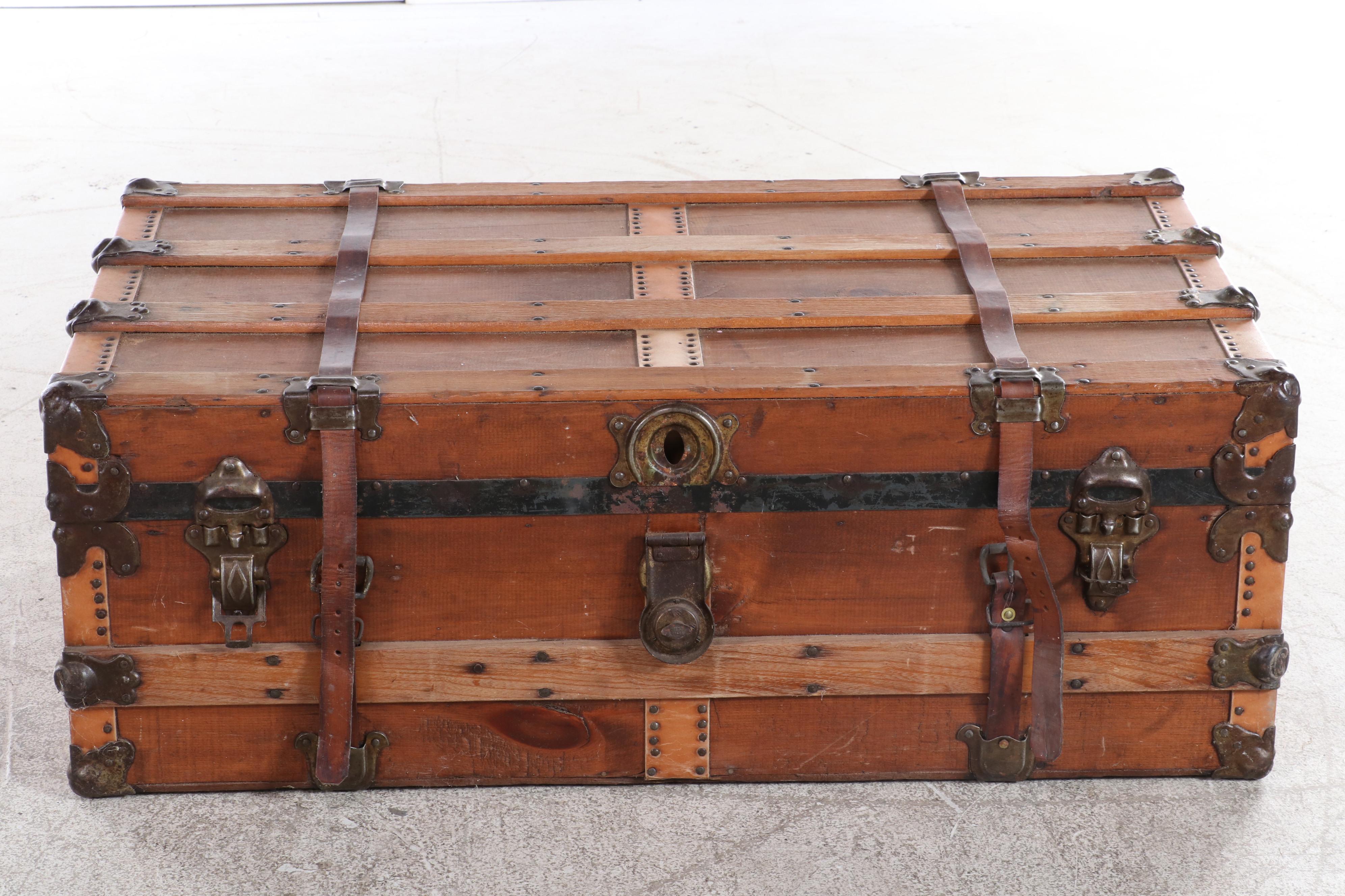 Late Victorian Metal-Mounted Pine Flat-Top Steamer Trunk