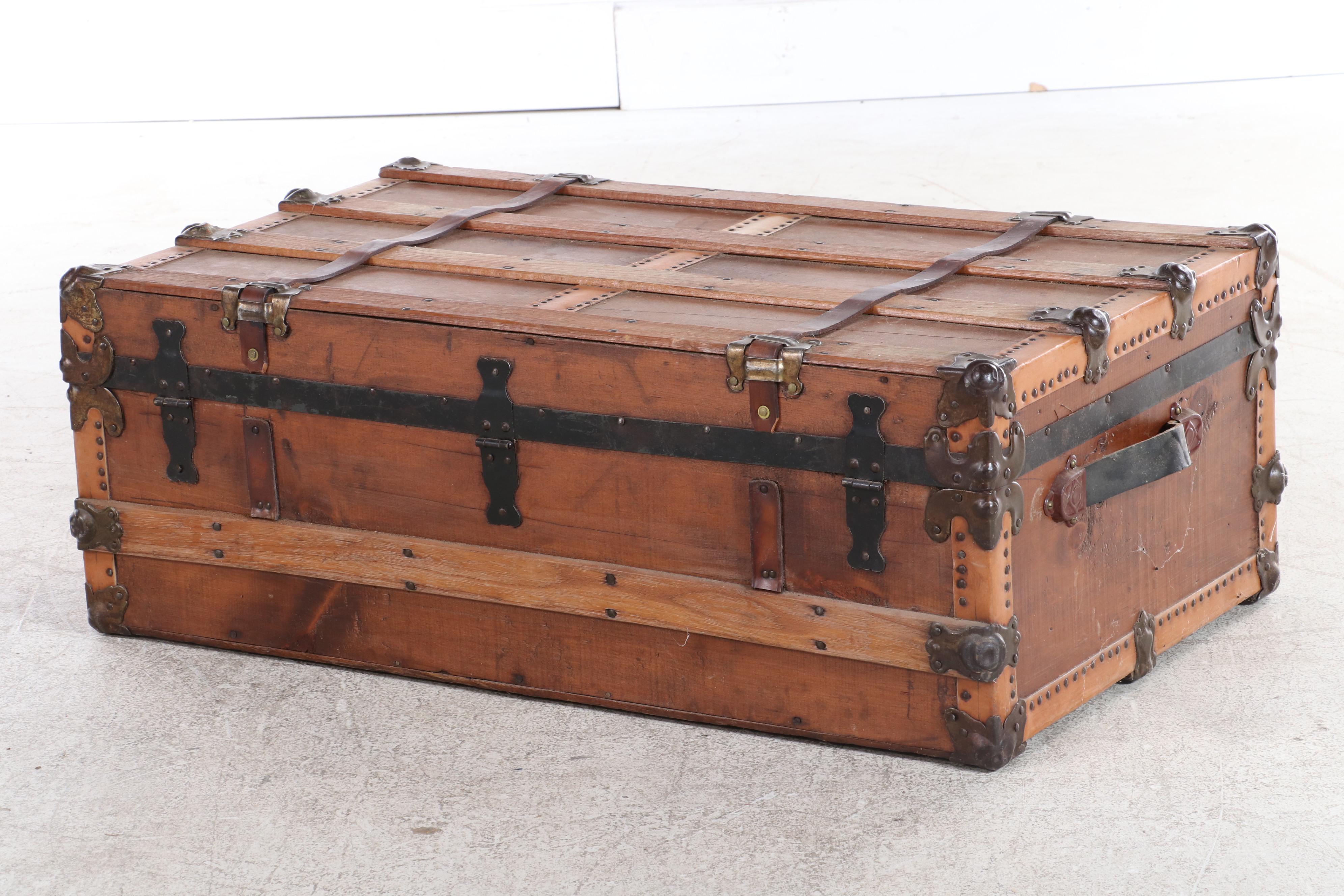 Late Victorian Metal-Mounted Pine Flat-Top Steamer Trunk