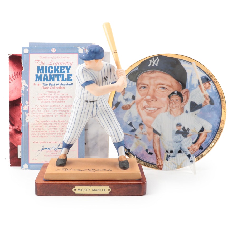 Sports Impressions Mickey Mantle Porcelain Collector Plate and Baseball Figurine