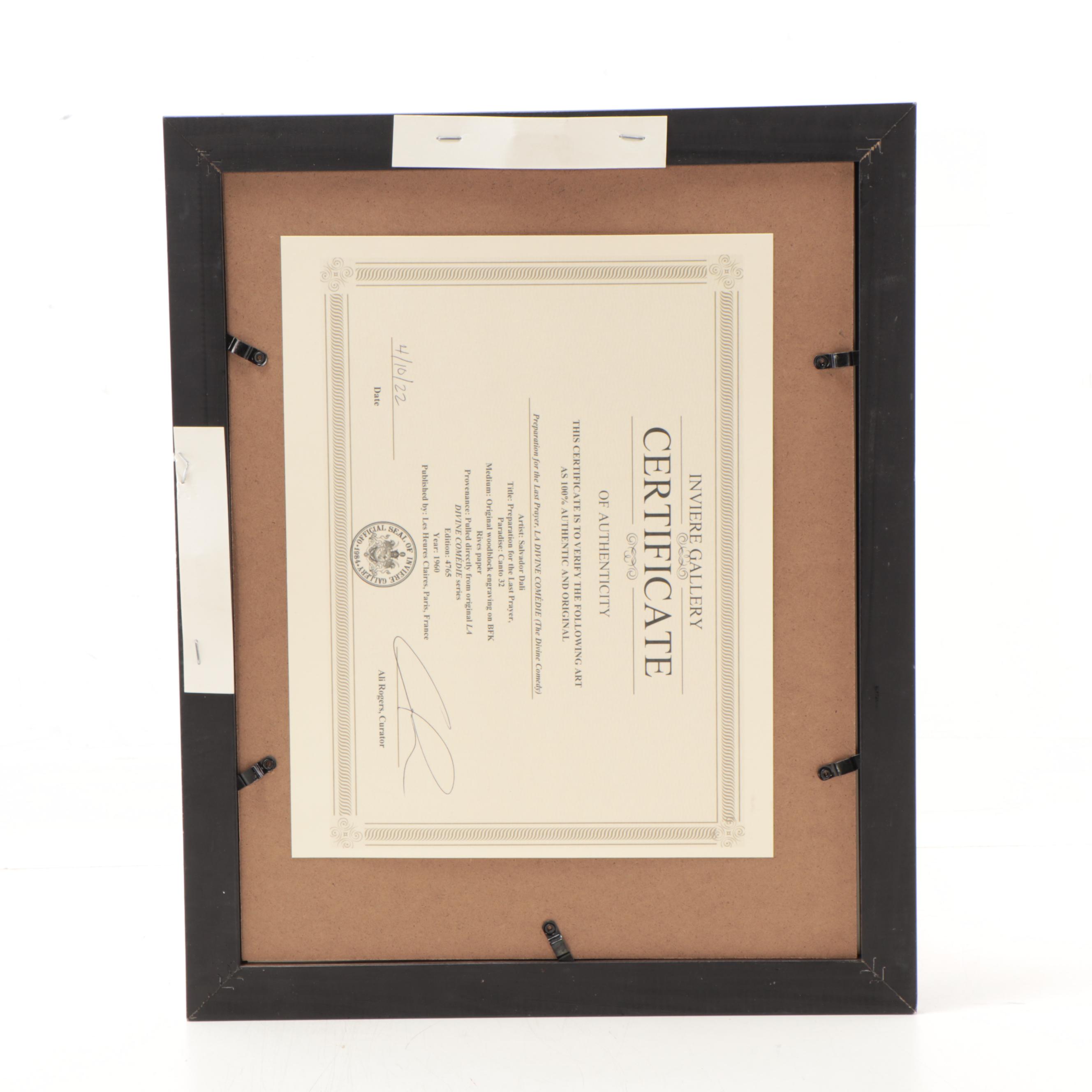 Salvador Dalí Wood Engraving "Preparation for the Last Prayer," Circa 1960