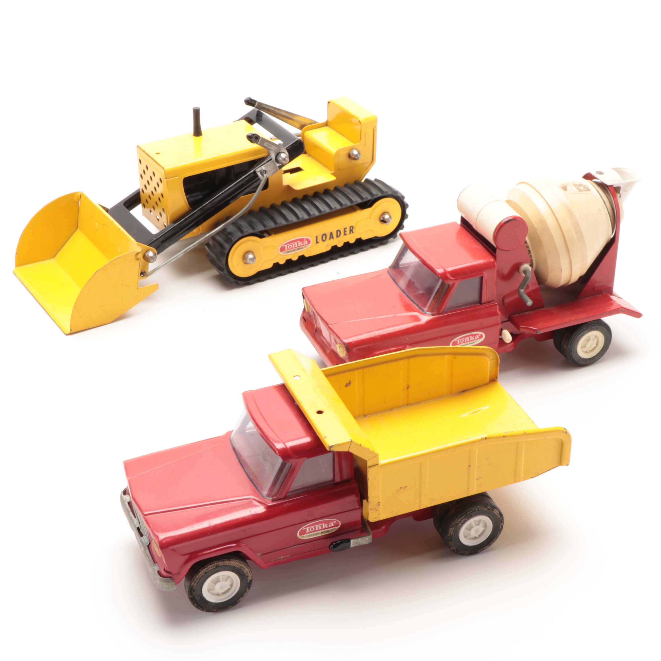 Tonka Loader with Tonka Dump Truck and Cement Mixer, 1960s