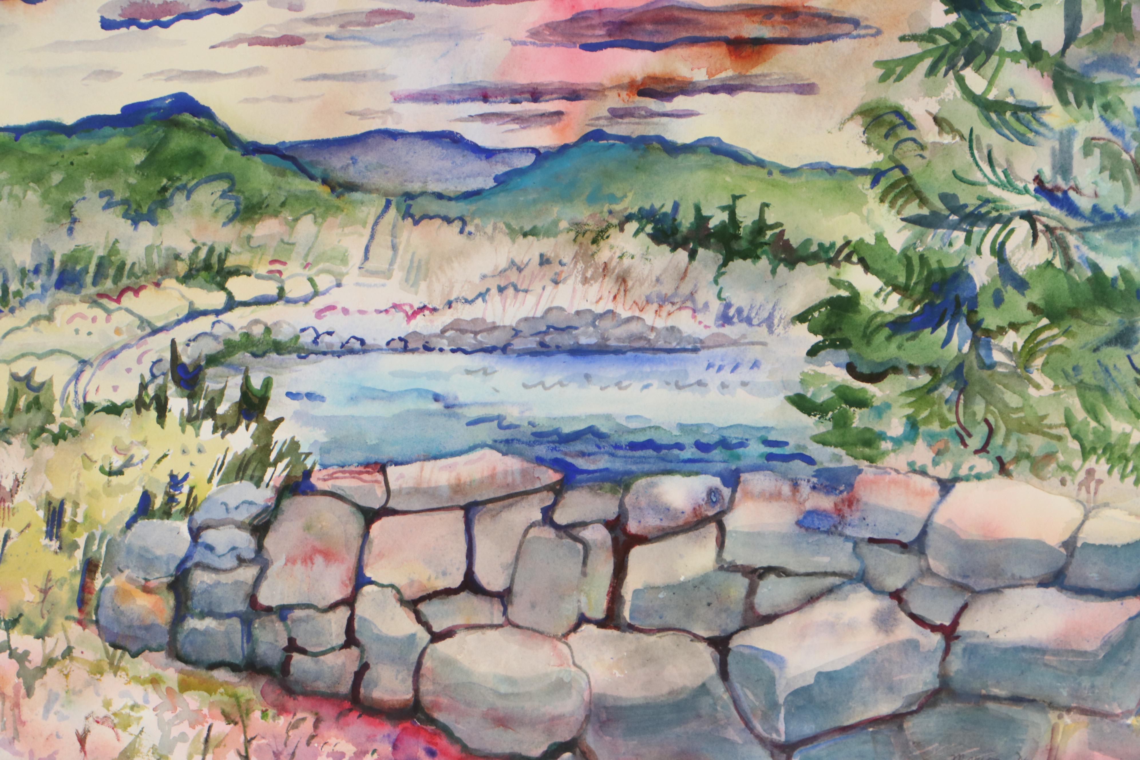 Marion Maas Lakescape Watercolor Painting, Circa 2000