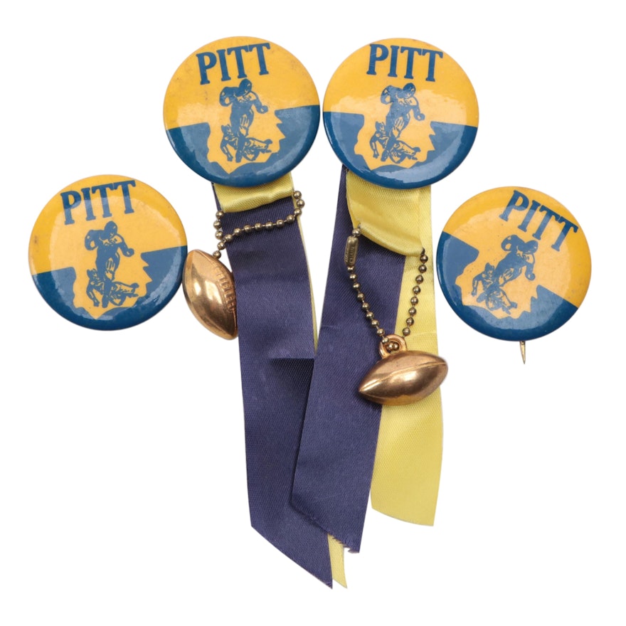 Pittsburgh Panthers Football Pinback Ribbon with Football Charm, Mid/Late 20th C