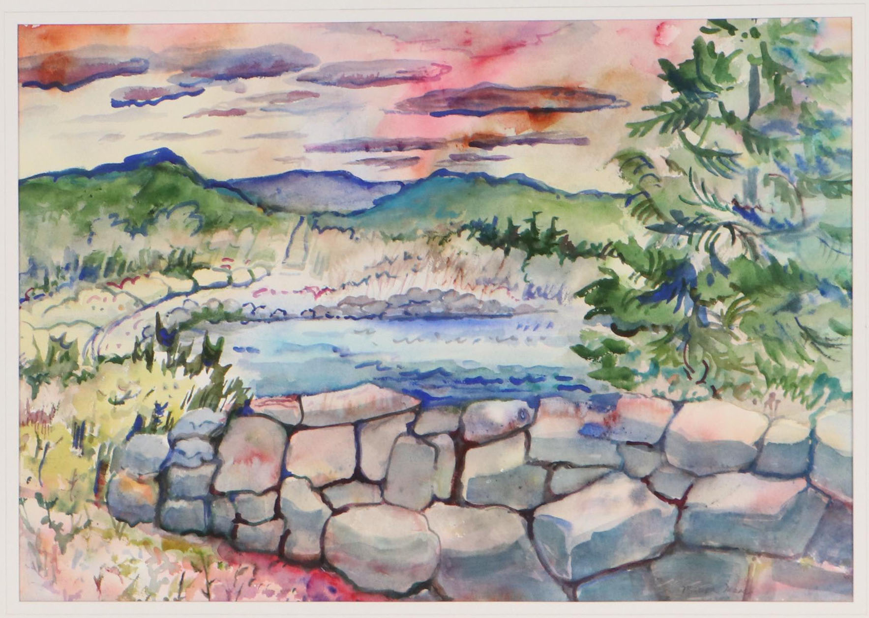 Marion Maas Lakescape Watercolor Painting, Circa 2000