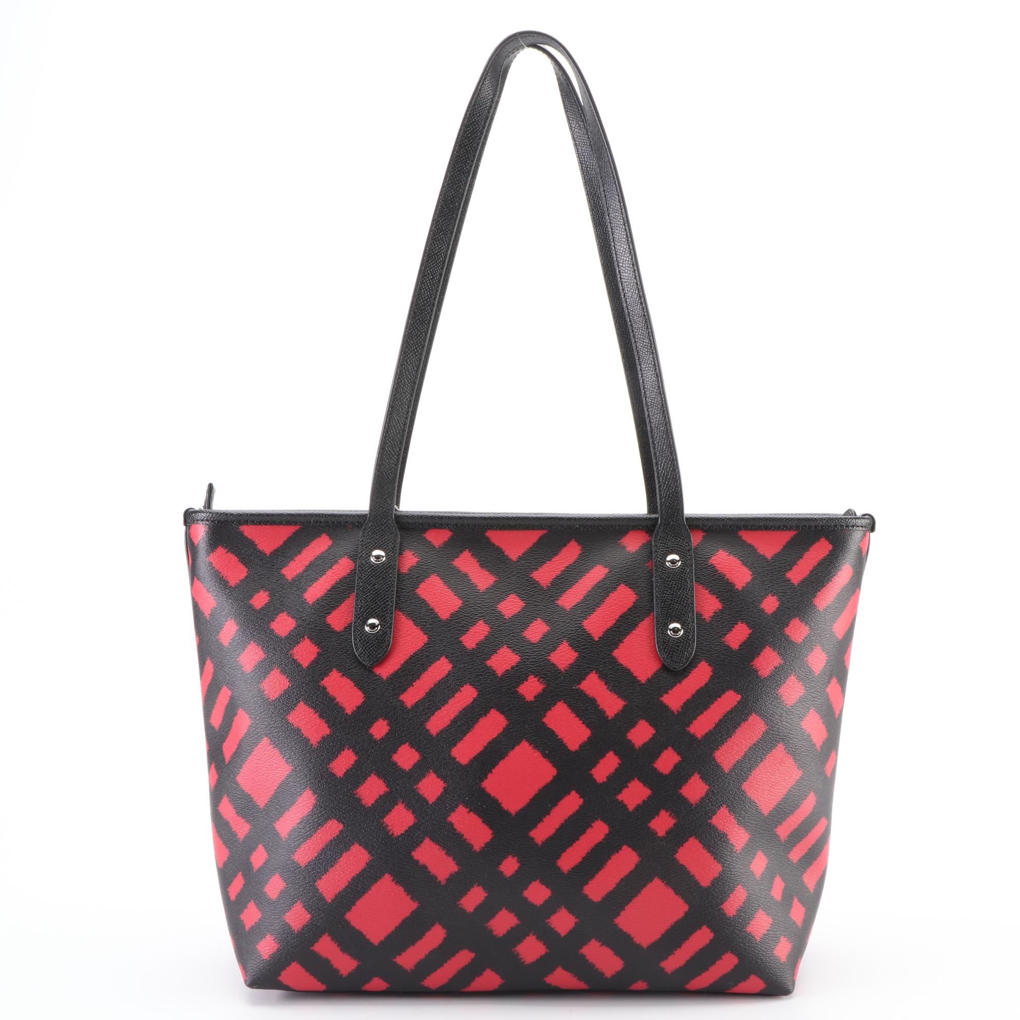 Coach City Zip Tote in Red/Black Wild Plaid Coated Canvas and Black Leather
