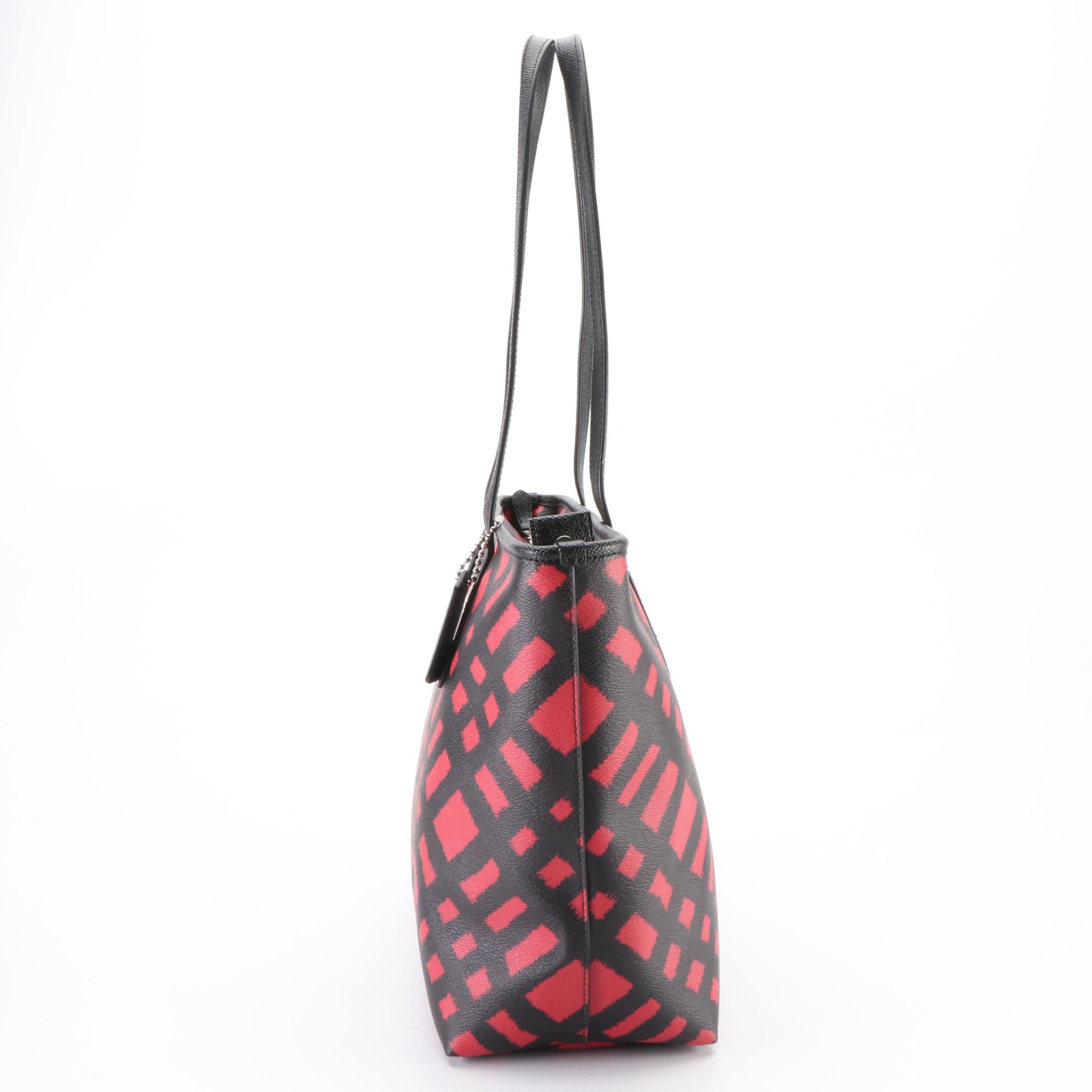 Coach City Zip Tote in Red/Black Wild Plaid Coated Canvas and Black Leather