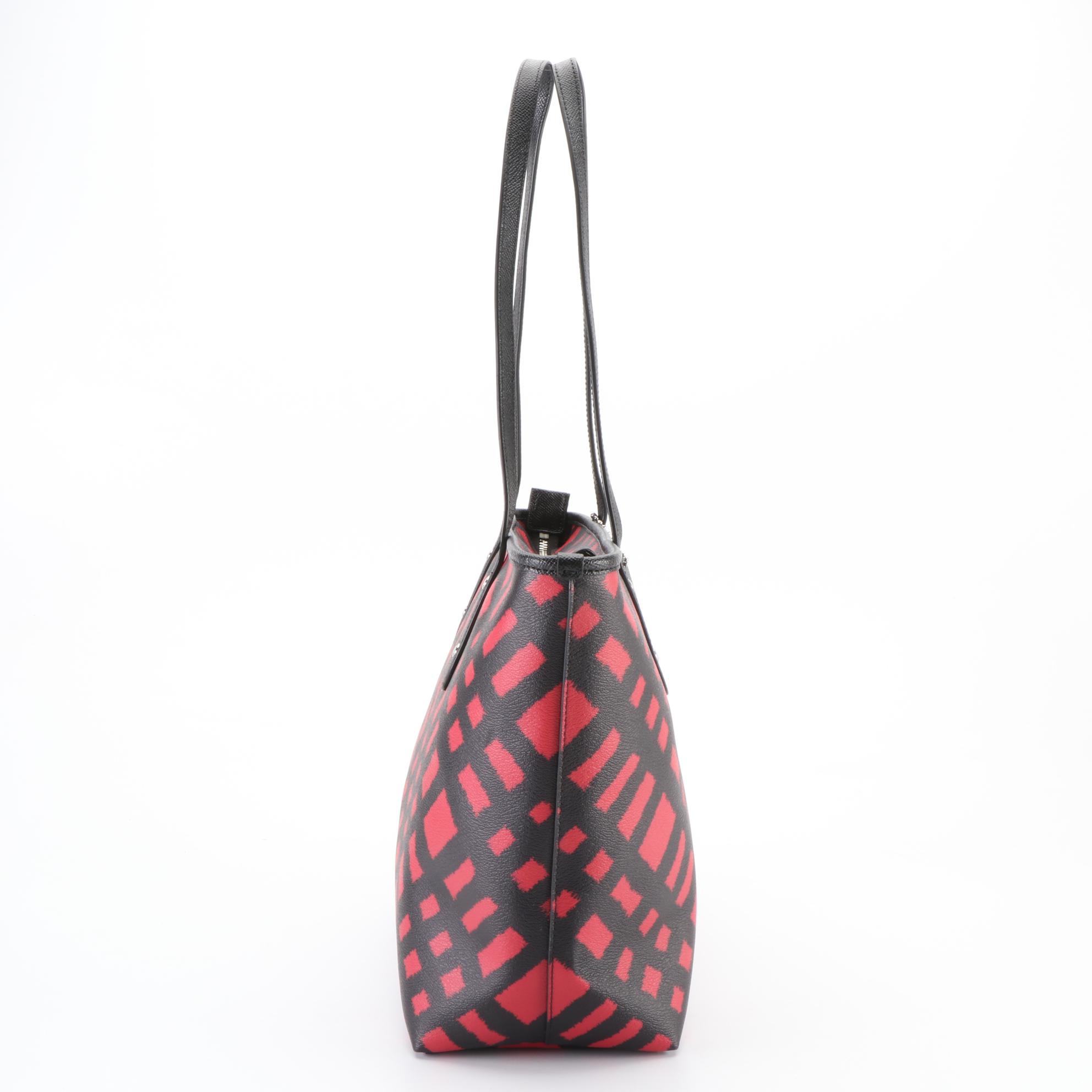 Coach City Zip Tote in Red/Black Wild Plaid Coated Canvas and Black Leather