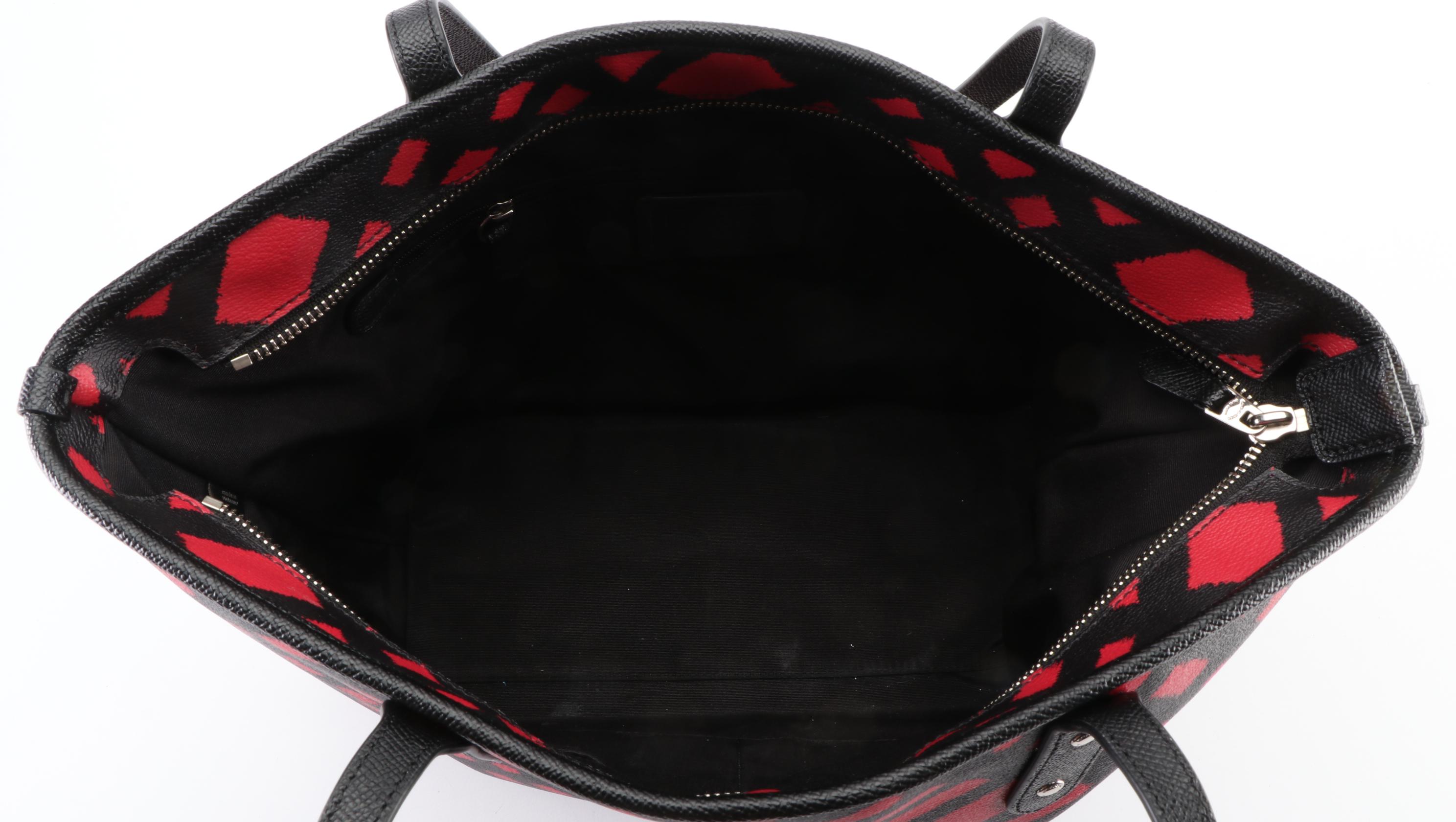 Coach City Zip Tote in Red/Black Wild Plaid Coated Canvas and Black Leather