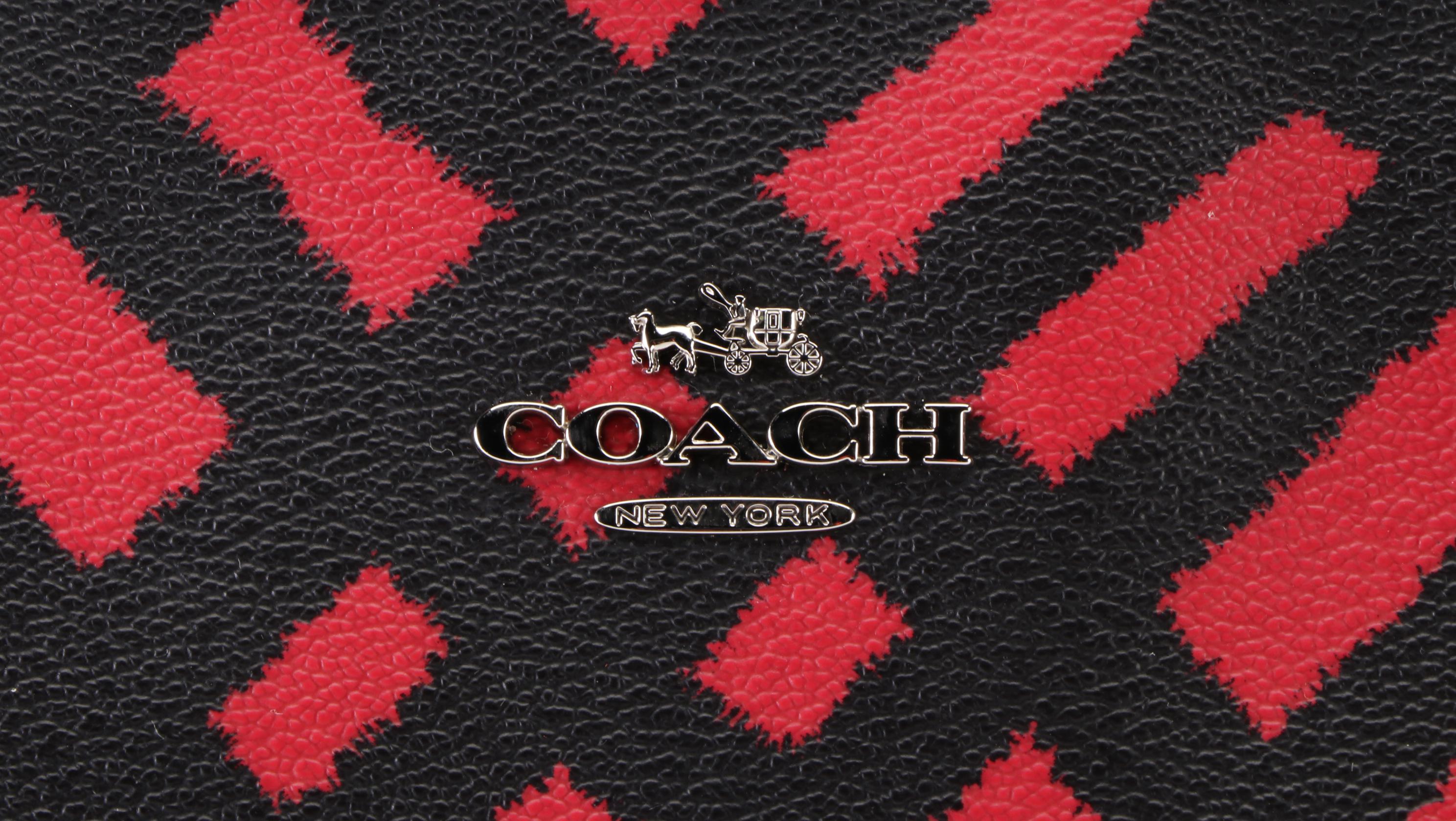 Coach City Zip Tote in Red/Black Wild Plaid Coated Canvas and Black Leather
