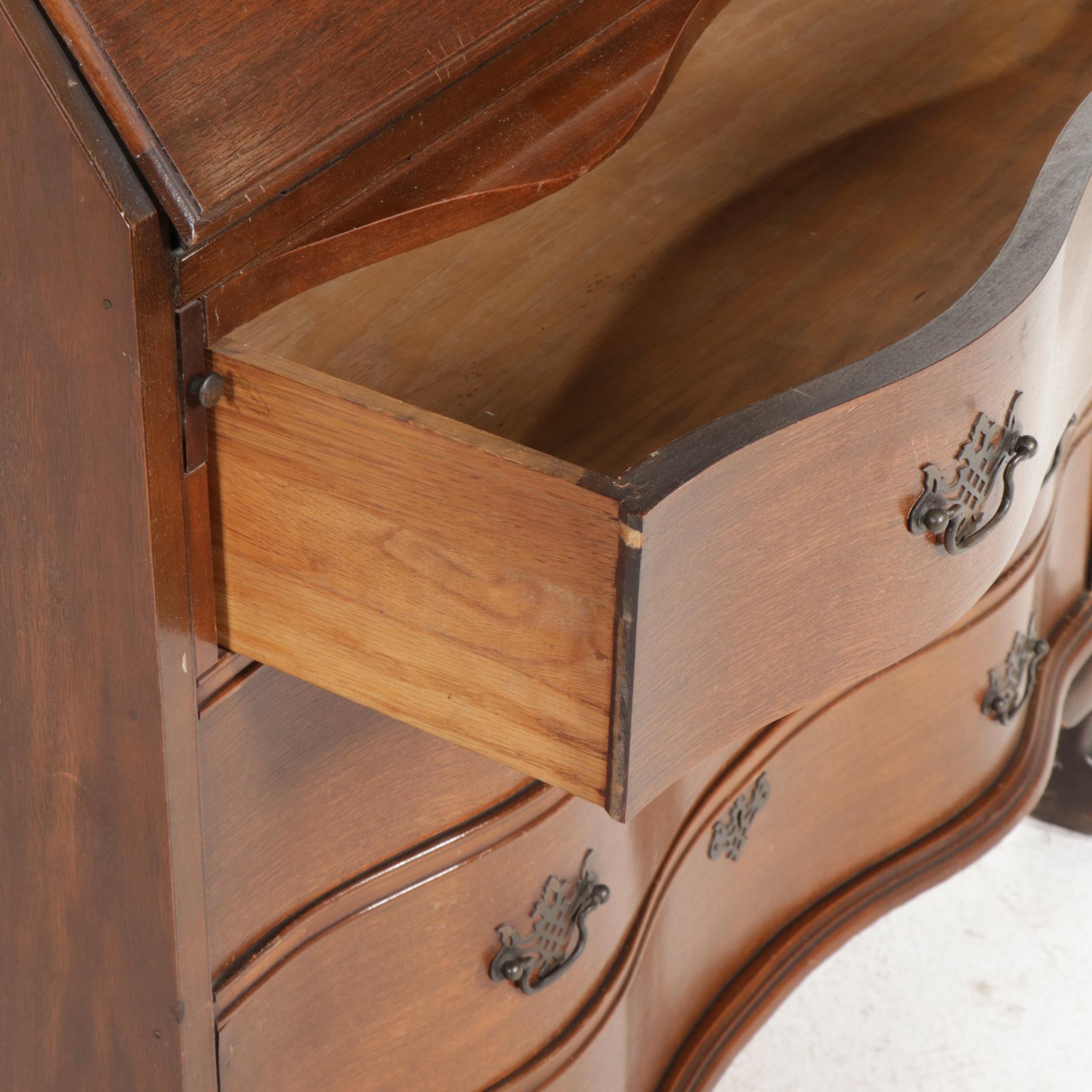 Chippendale Style Walnut Serpentine Front Secretary Bookcase, Mid-20th Century