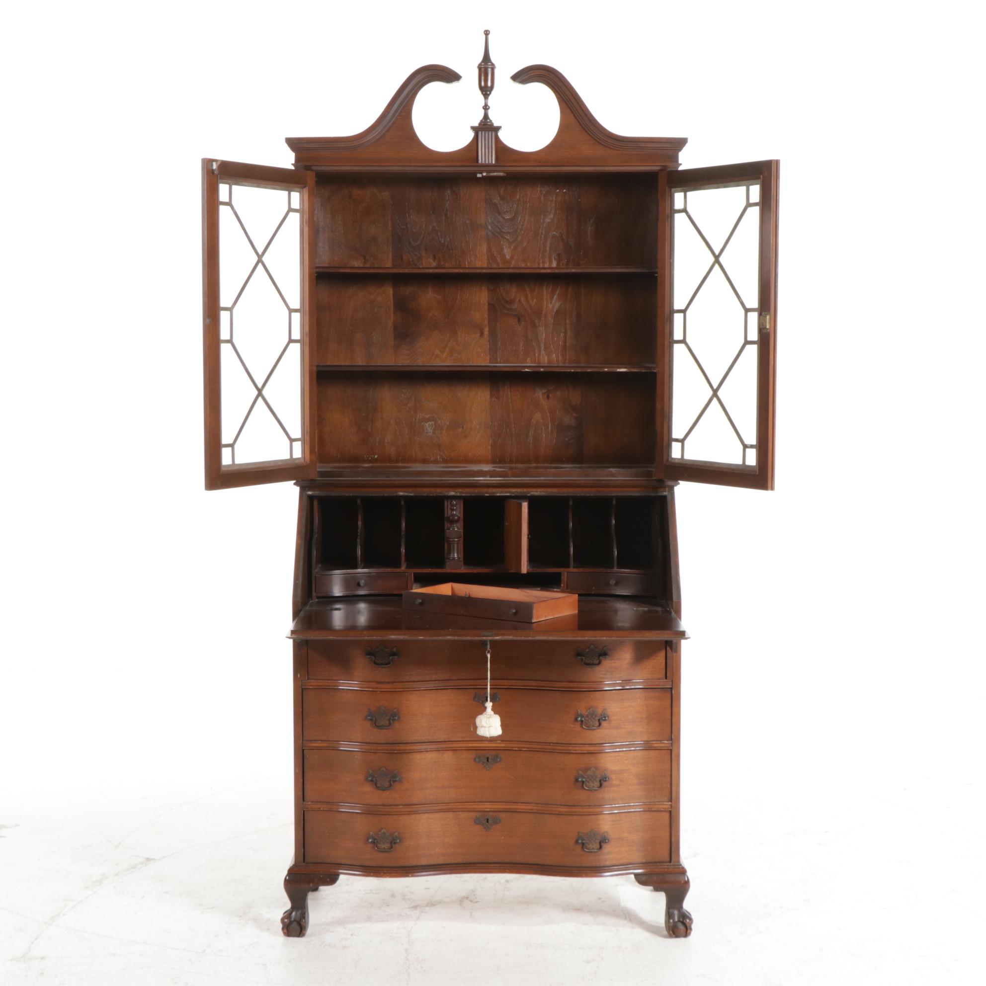 Chippendale Style Walnut Serpentine Front Secretary Bookcase, Mid-20th Century