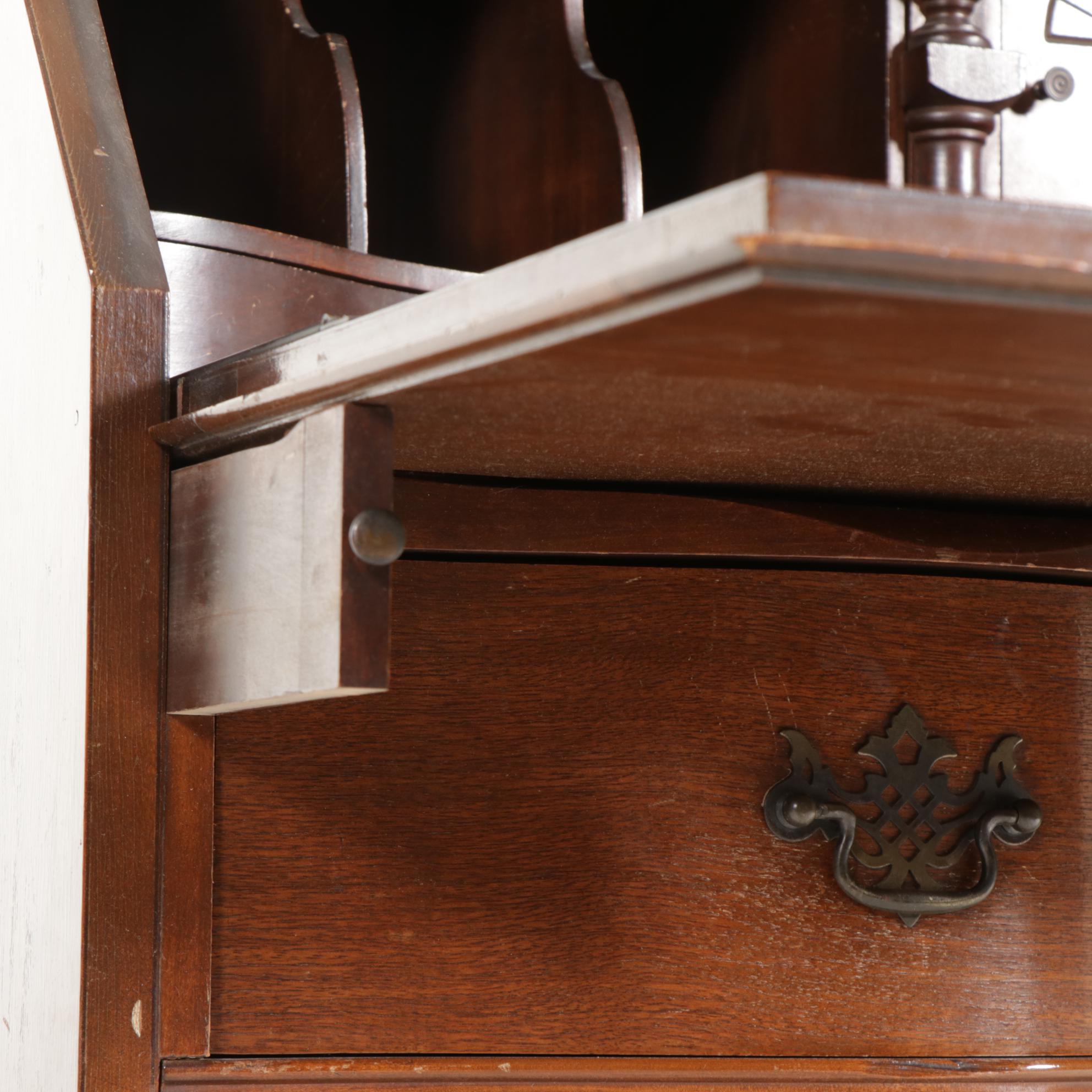 Chippendale Style Walnut Serpentine Front Secretary Bookcase, Mid-20th Century