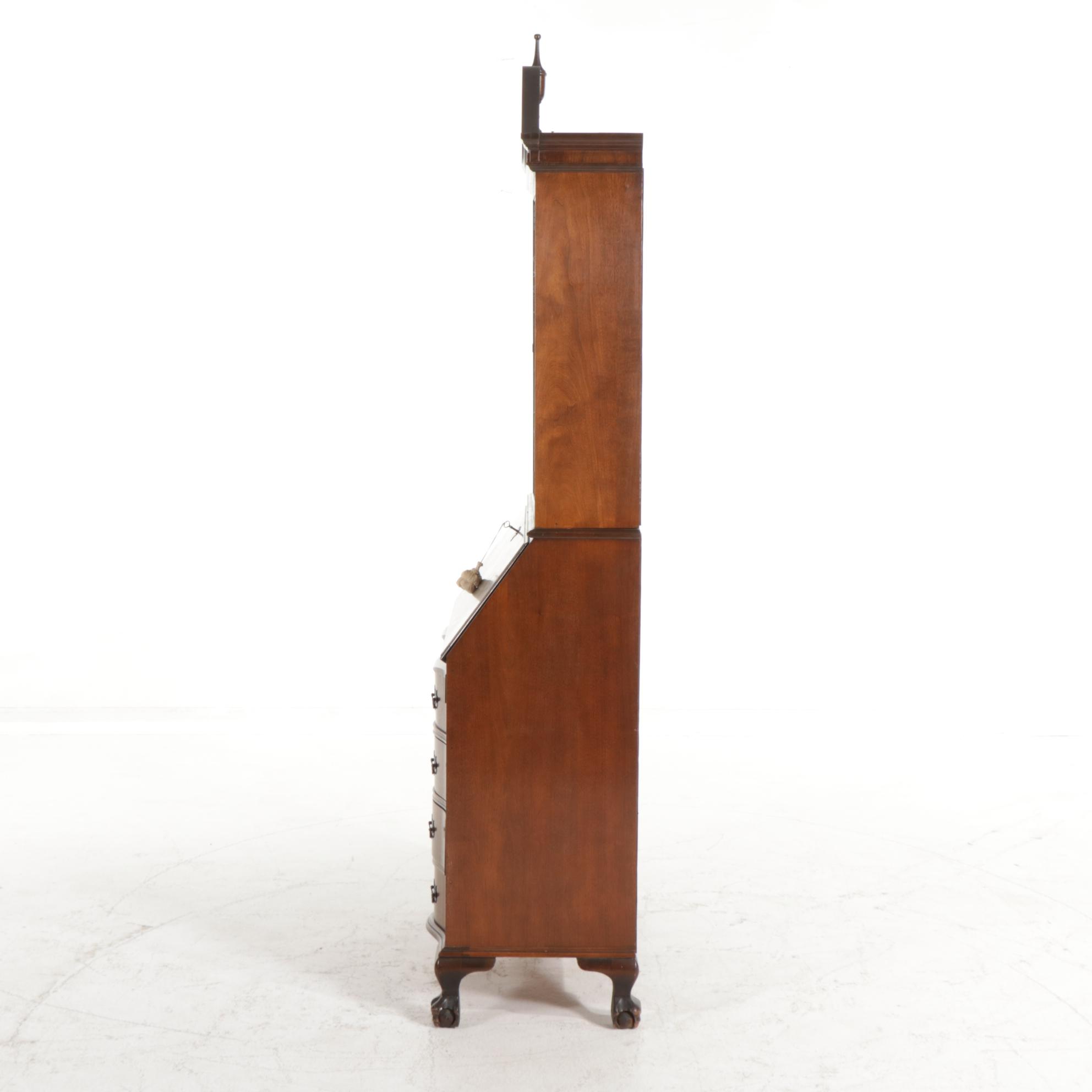 Chippendale Style Walnut Serpentine Front Secretary Bookcase, Mid-20th Century