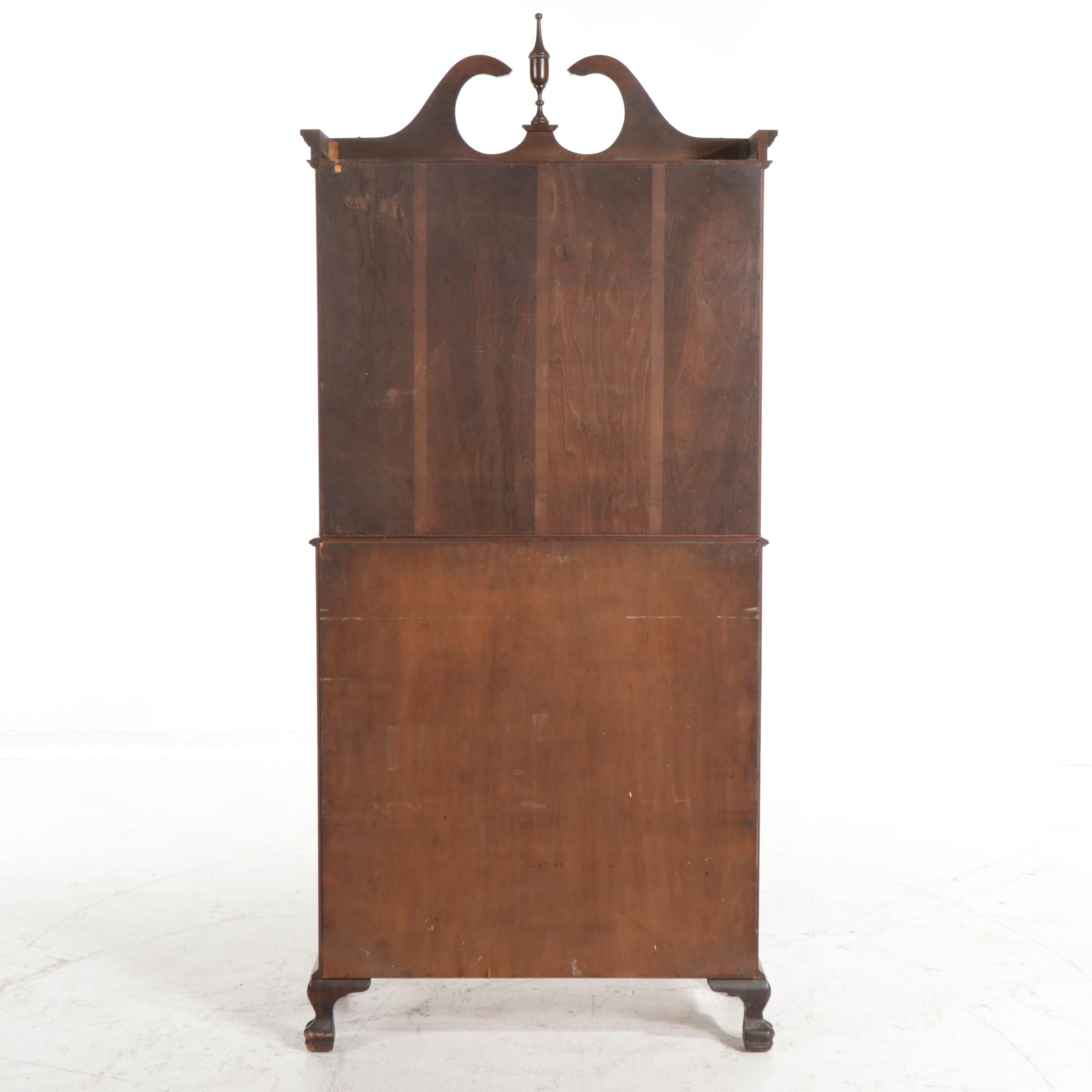 Chippendale Style Walnut Serpentine Front Secretary Bookcase, Mid-20th Century
