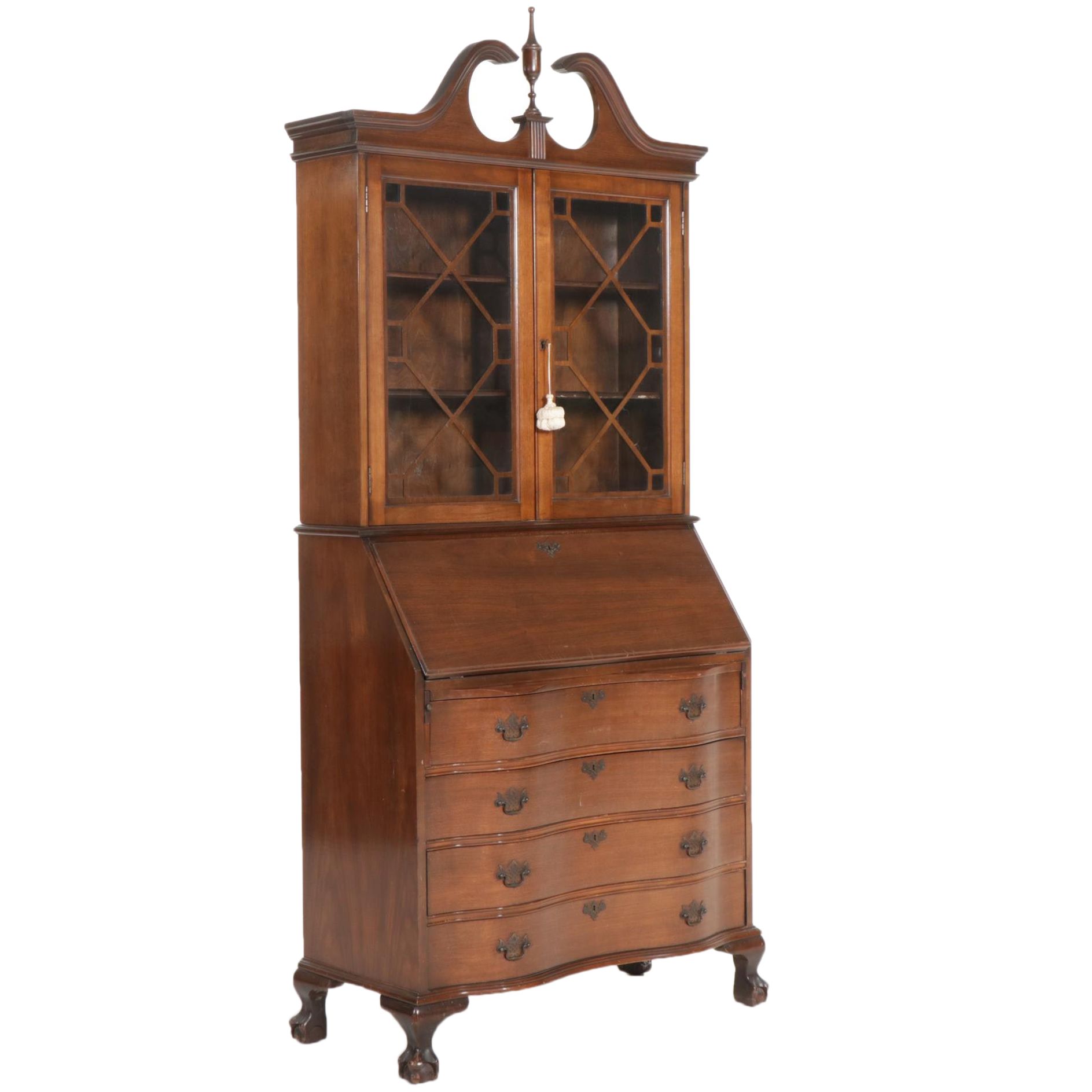Chippendale Style Walnut Serpentine Front Secretary Bookcase, Mid-20th Century