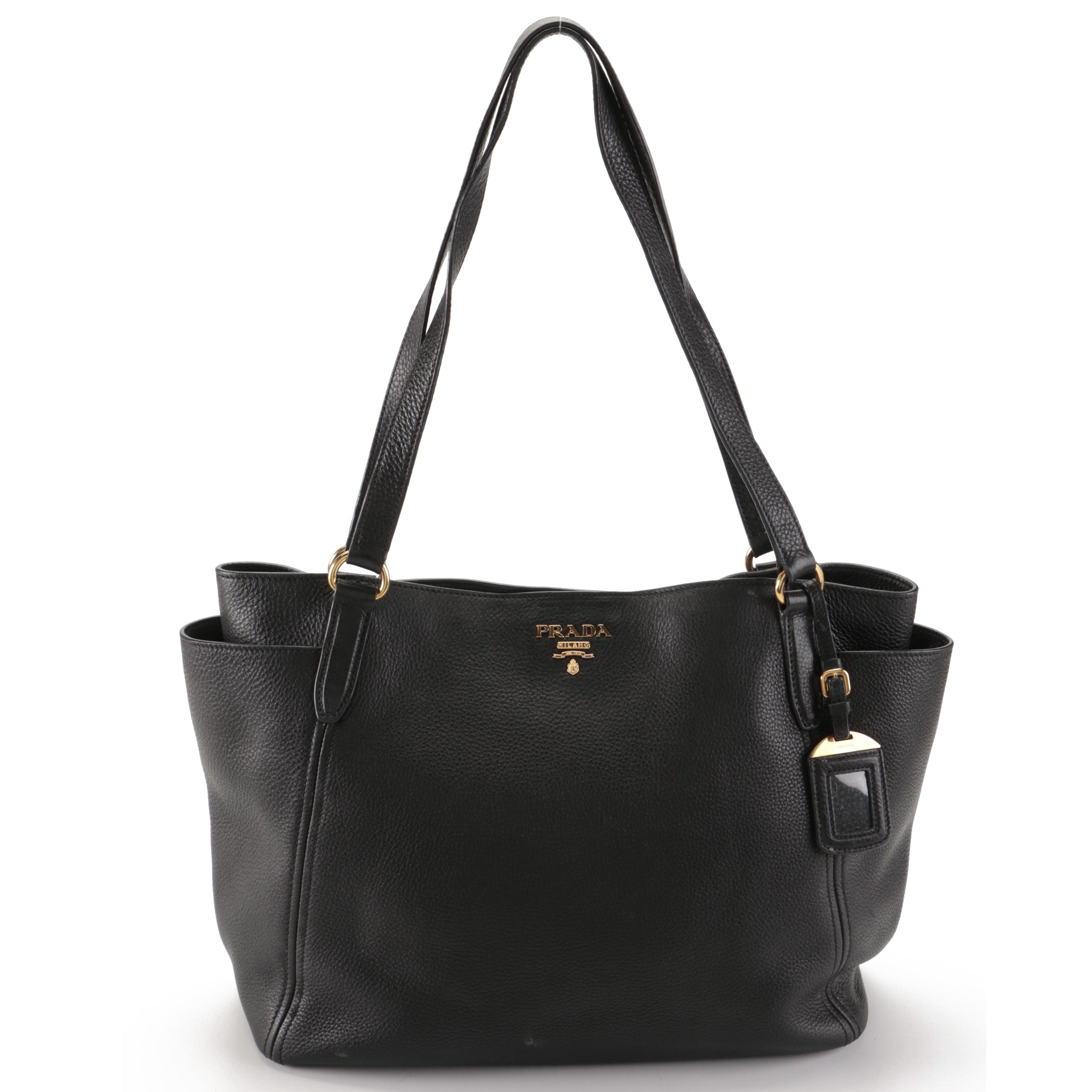 Prada Large Shoulder Tote Bag in Black Deerskin Leather