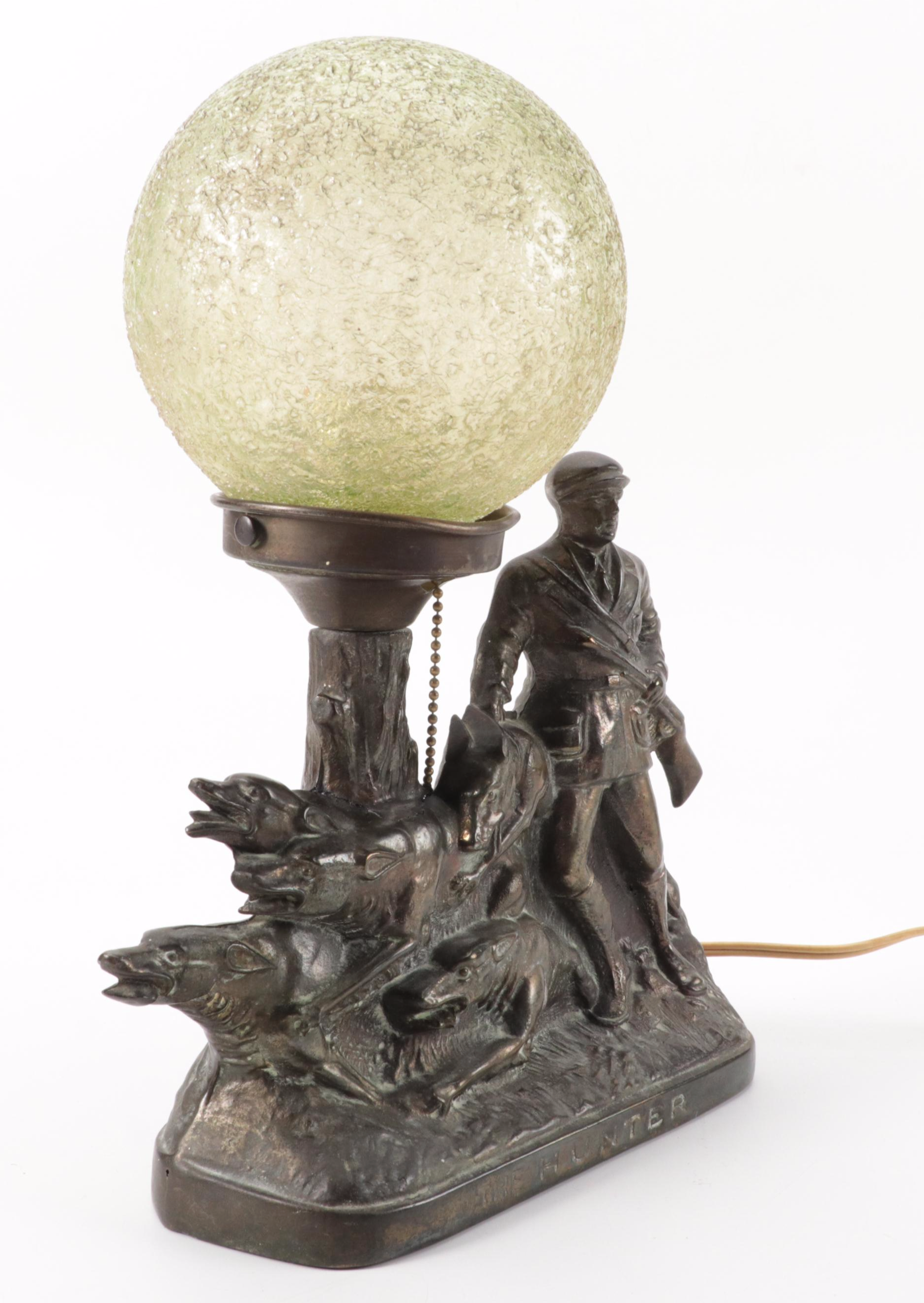 Art Deco Viceroy "The Hunter" Spelter Table Lamp and Vaseline Glass Shade