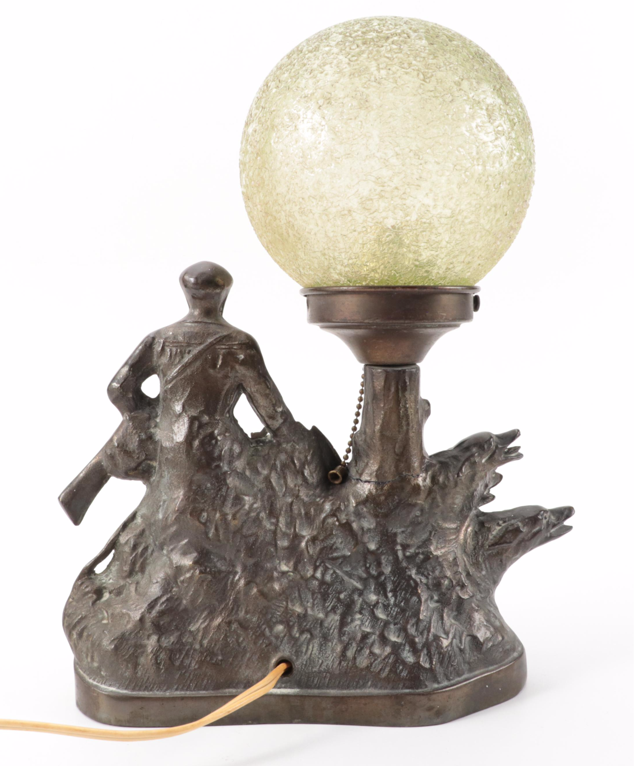 Art Deco Viceroy "The Hunter" Spelter Table Lamp and Vaseline Glass Shade