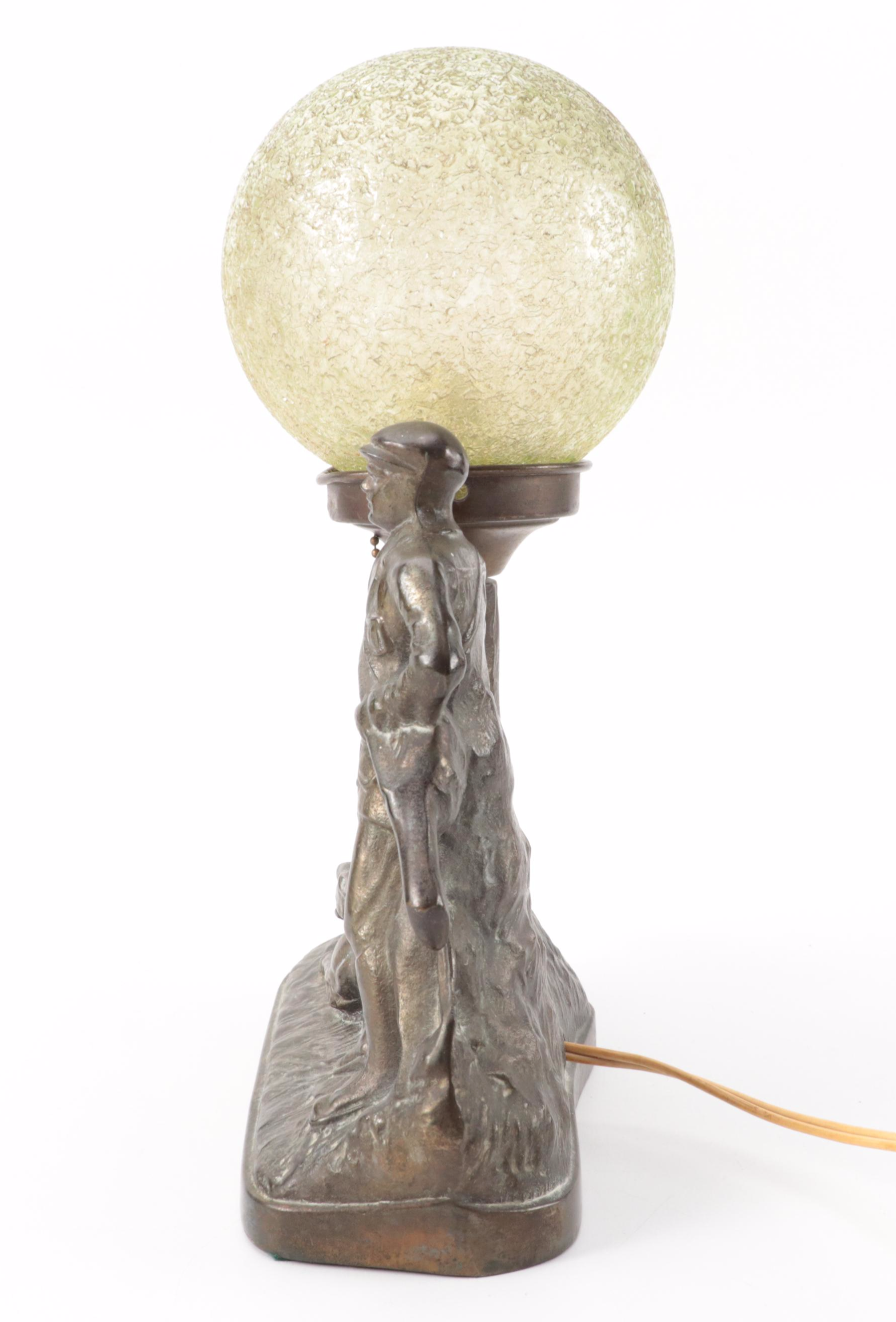 Art Deco Viceroy "The Hunter" Spelter Table Lamp and Vaseline Glass Shade